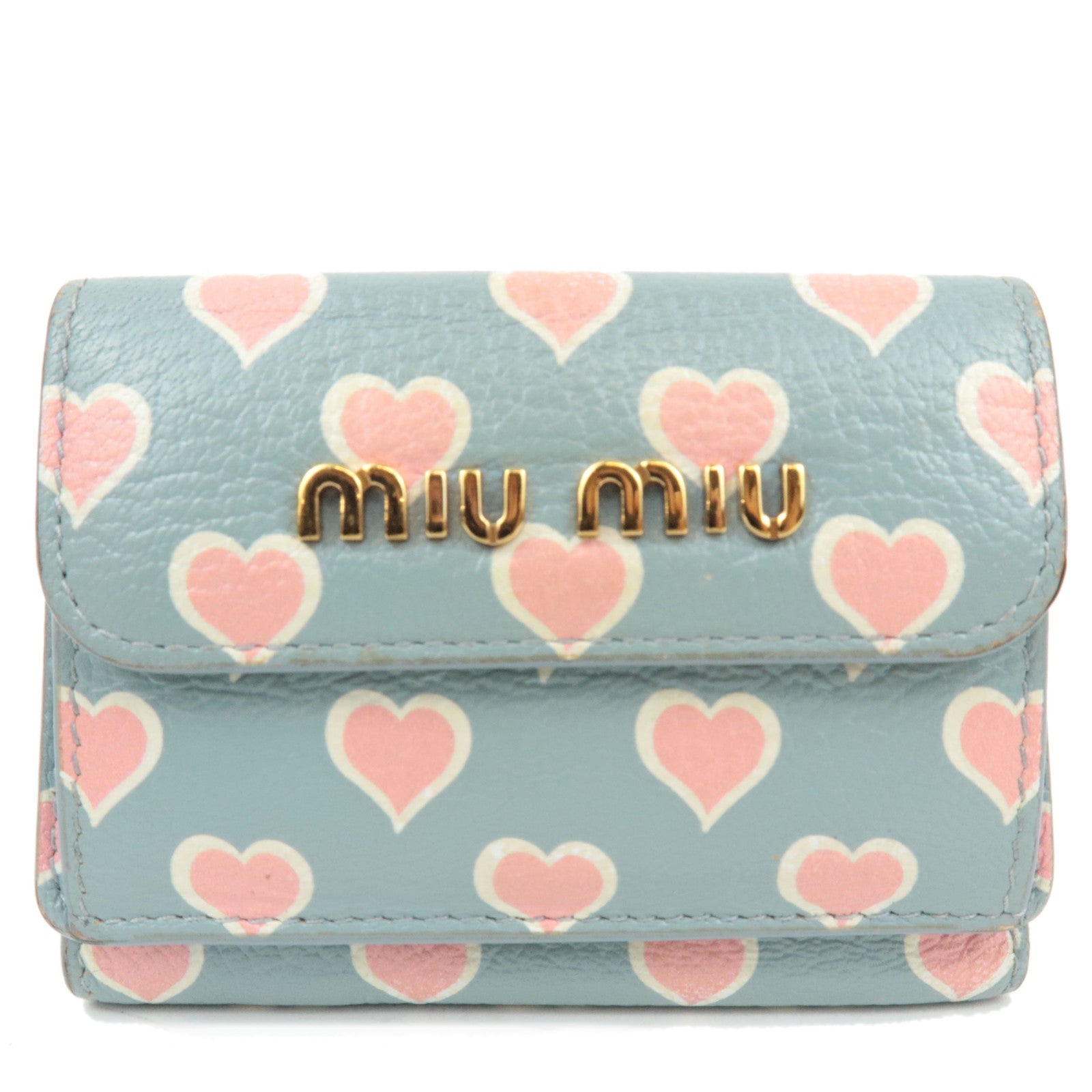 MIU MIU Heart Print Tri-Fold Wallet Leather Light Blue 5MH020 *Box, G card79030
