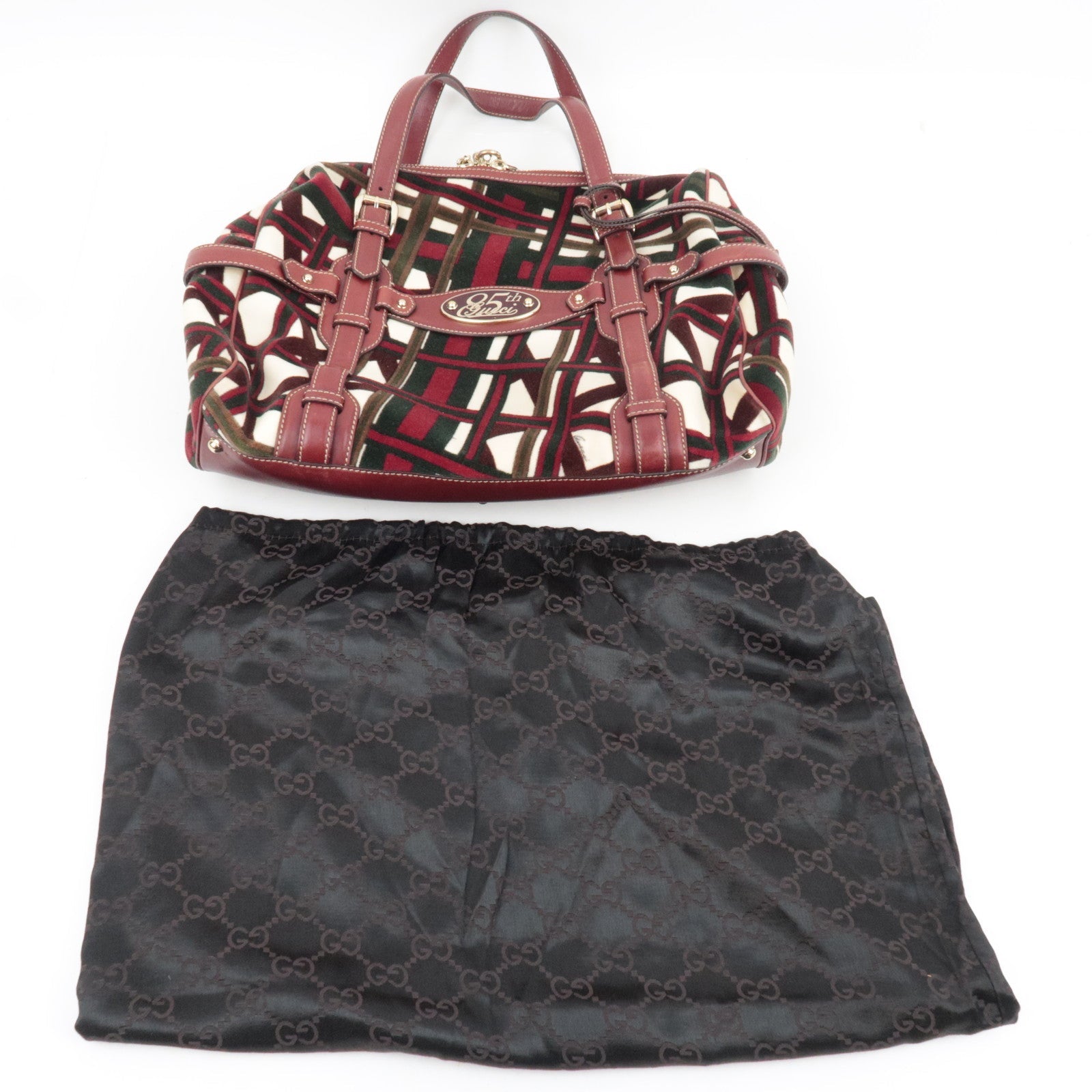 GUCCI Horsebit 85th Anniversary Boston Bag Velvet Brown Burgundy 163290 *Dust bag, Key Lock, Clochette