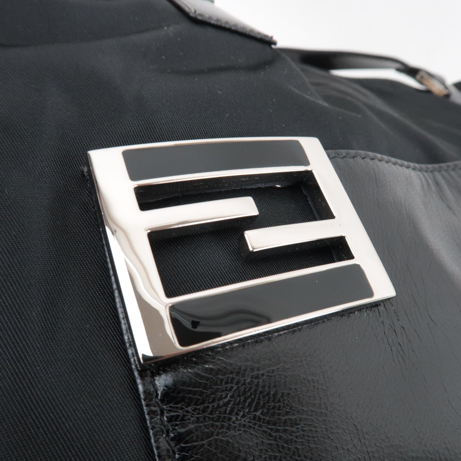 FENDI F Logo Tote Bag Nylon Leather Black