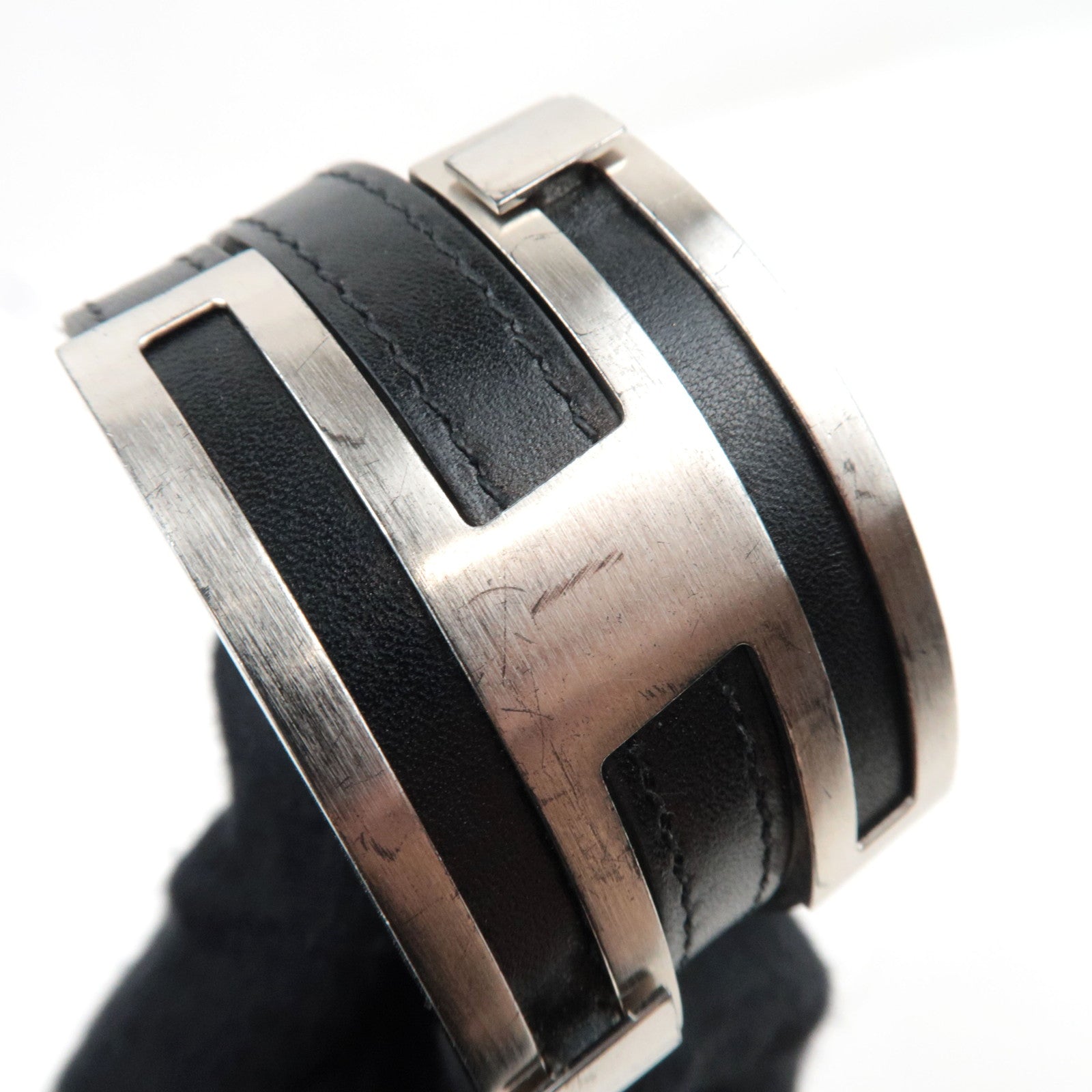 HERMES pousse-pousse MM Bracelet G Stamp (2003) Leather Black Silver HDW