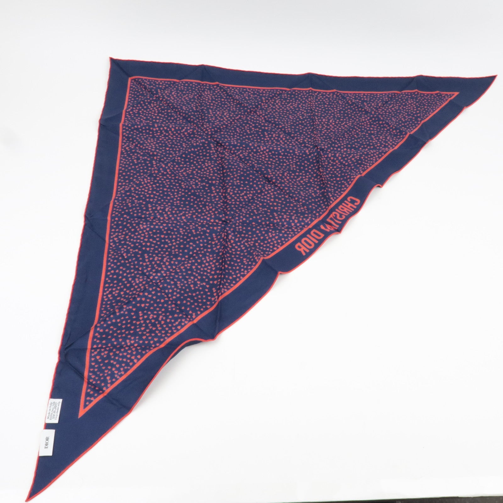 Christian Dior Triangle Scarf Heart Print 100% Silk Navy Red