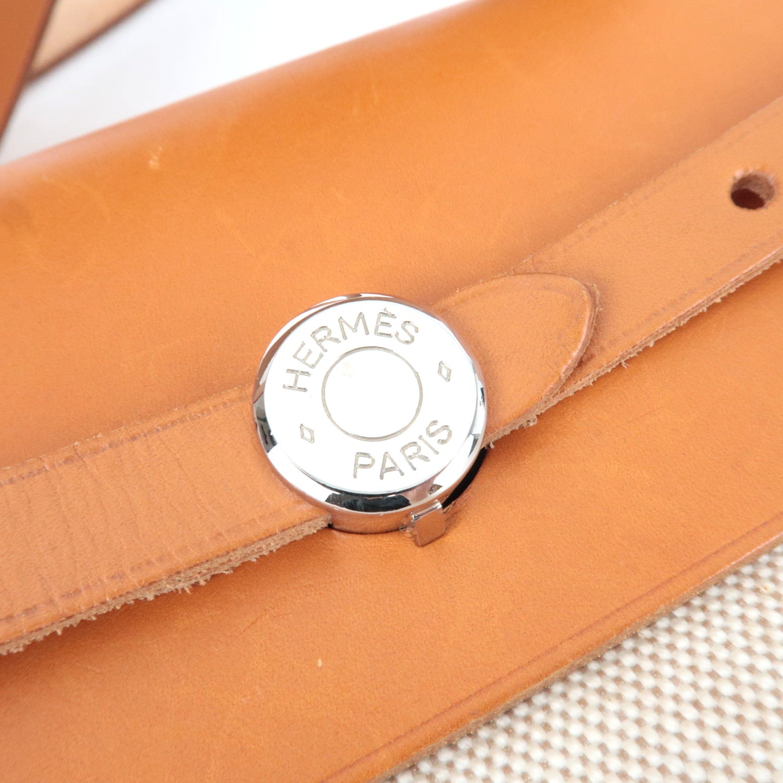 HERMES Her Bag MM □C Stamp (1999) Toile H Leather Beige Brown *Box, Dust bag, Clochette, Key Lock, Spare bag