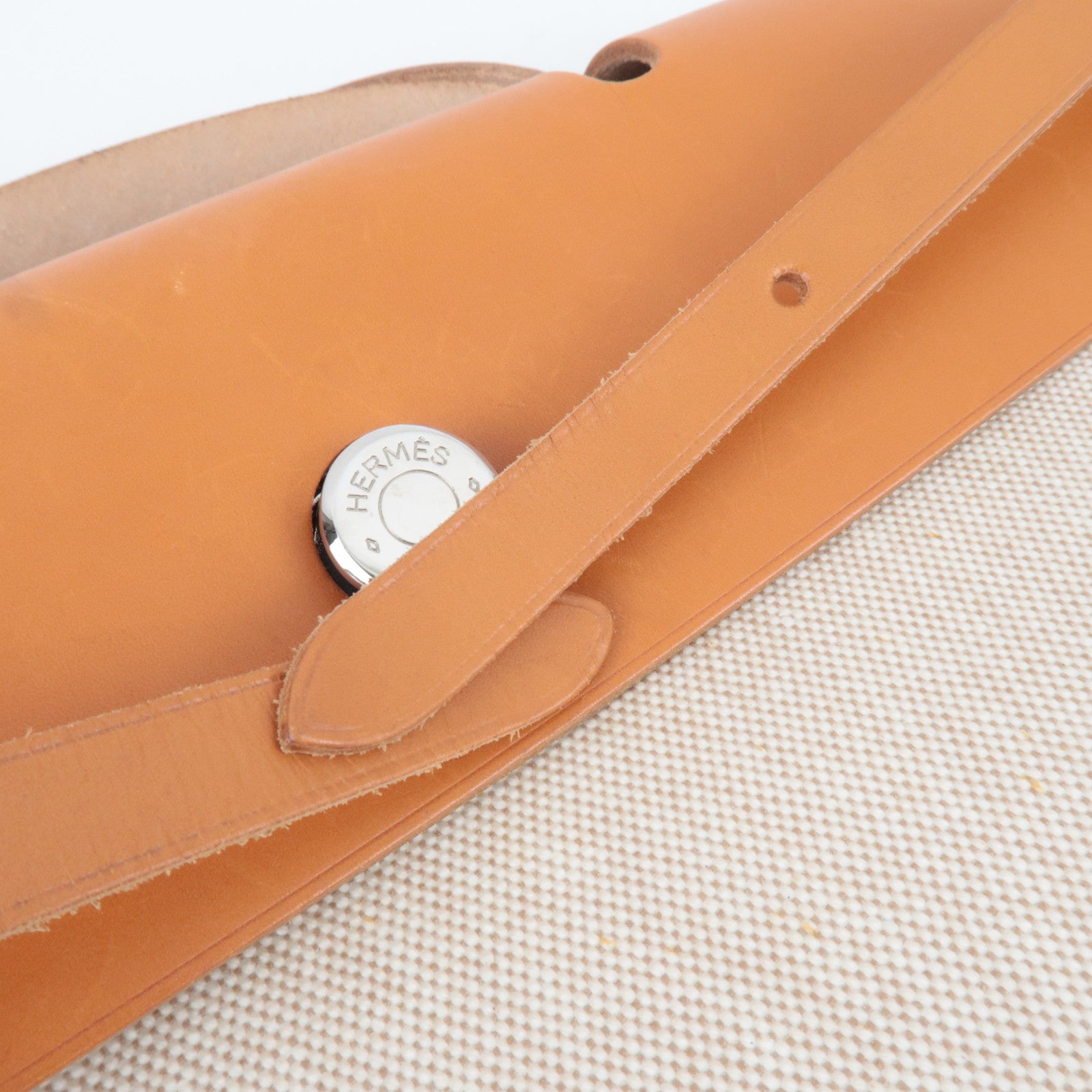 HERMES Her Bag MM □C Stamp (1999) Toile H Leather Beige Brown *Box, Dust bag, Clochette, Key Lock, Spare bag