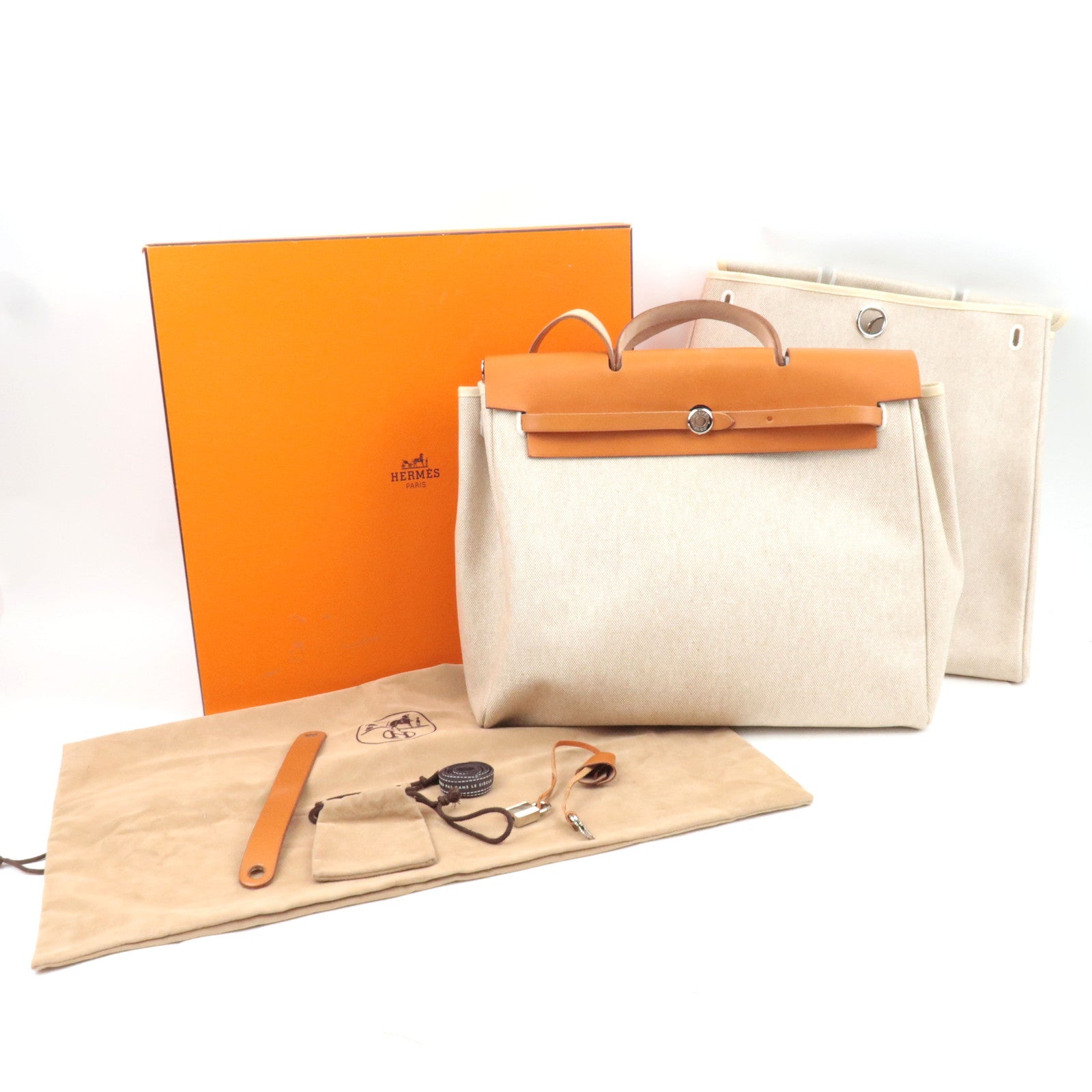 HERMES Her Bag MM □C Stamp (1999) Toile H Leather Beige Brown *Box, Dust bag, Clochette, Key Lock, Spare bag
