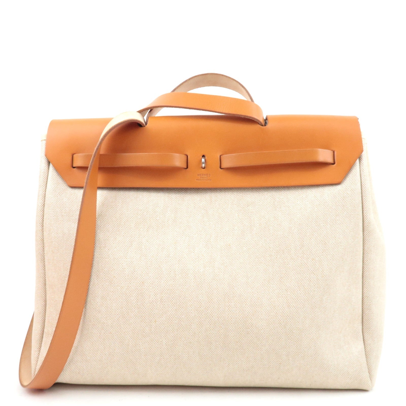 HERMES Her Bag MM □C Stamp (1999) Toile H Leather Beige Brown *Box, Dust bag, Clochette, Key Lock, Spare bag