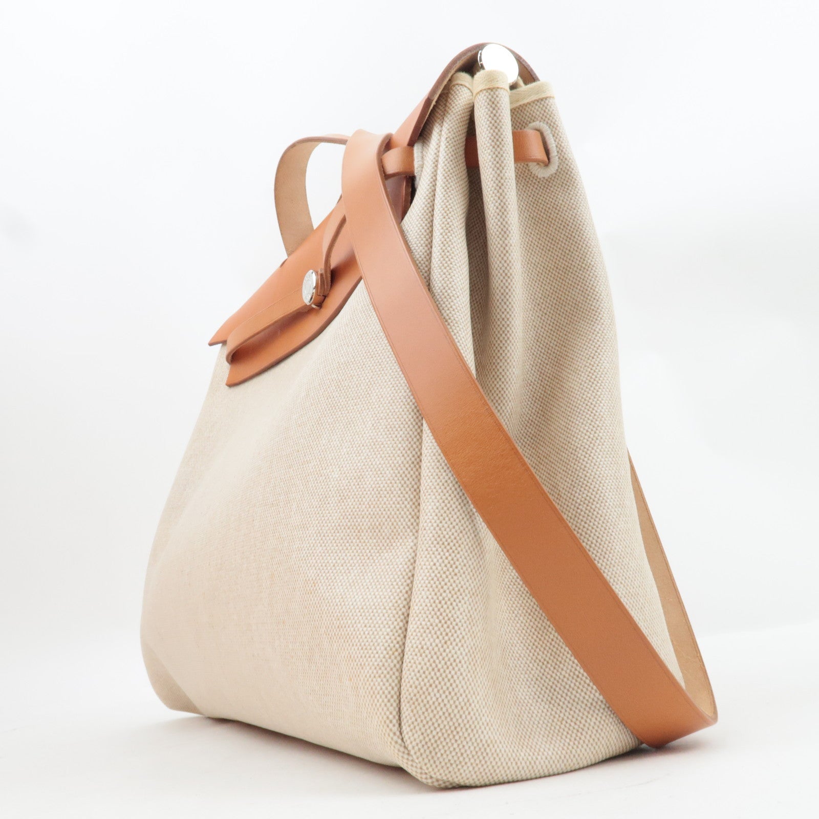 HERMES Her Bag MM □C Stamp (1999) Toile H Leather Beige Brown *Box, Dust bag, Clochette, Key Lock, Spare bag