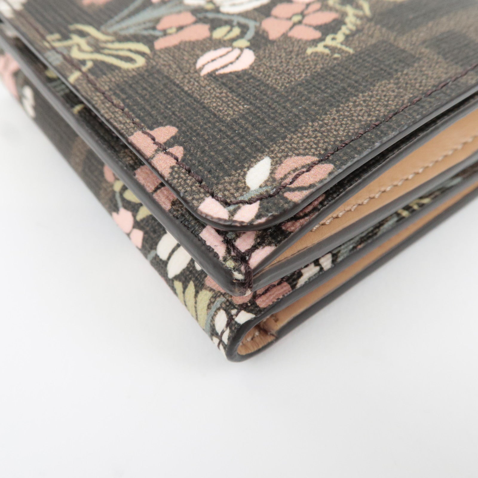 FENDI Zucca Flower Print Tri-Fold Wallet PVC Brown Black 8M0480 *Box, Dust bag