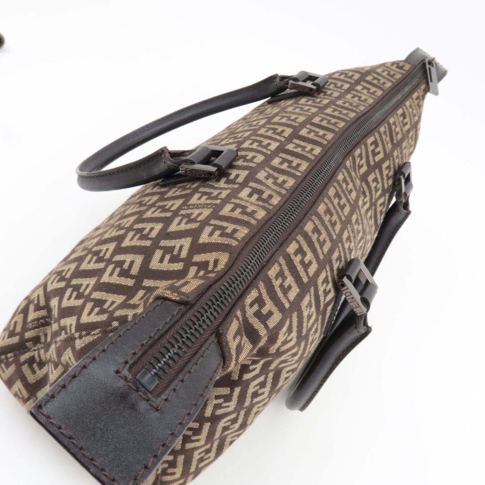 FENDI Zucchino Handbag Canvas Leather Brown Beige 8BN089