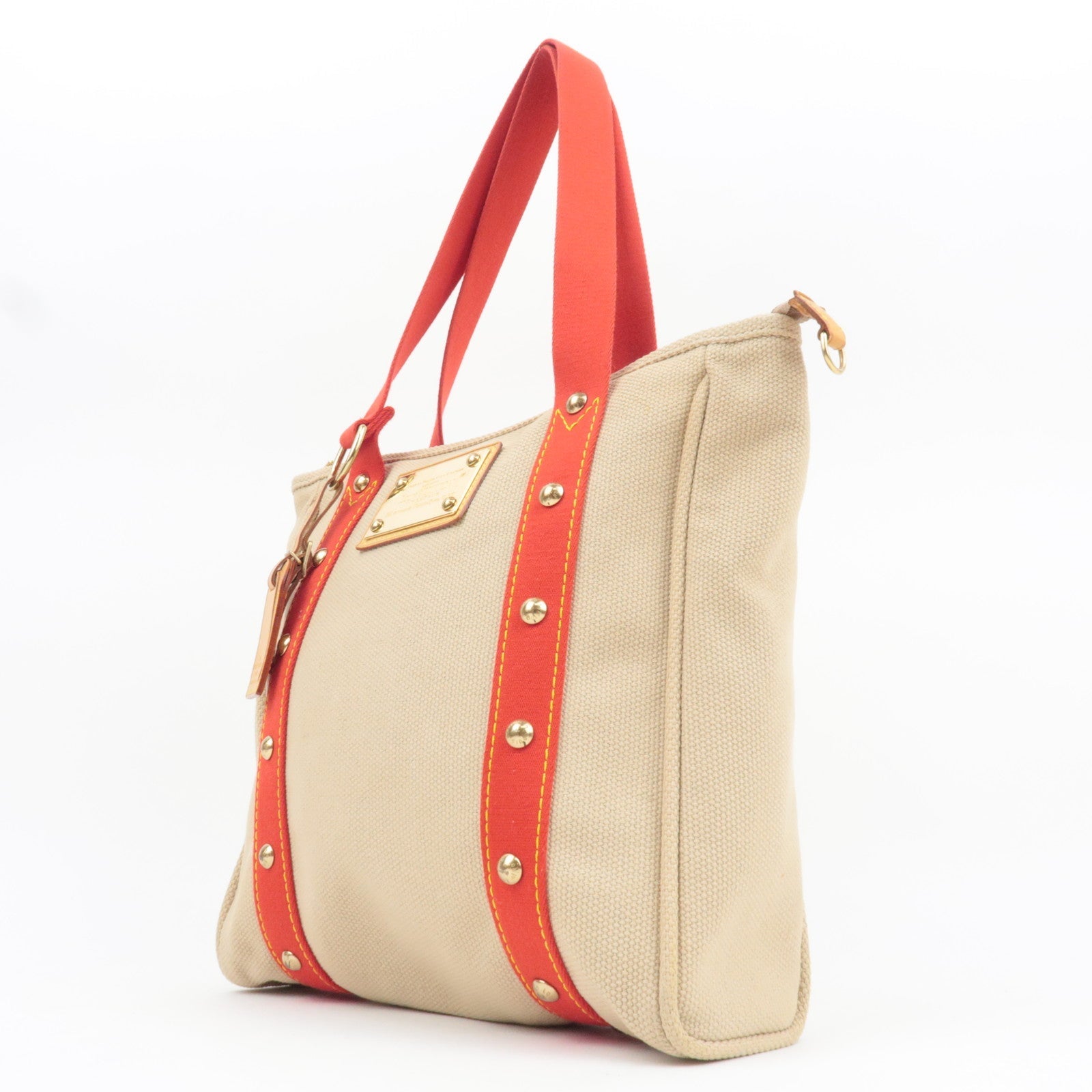 Louis Vuitton Antigua Cabas MM Tote Bag Canvas Beige Red M40035 SP0035 *Name tag