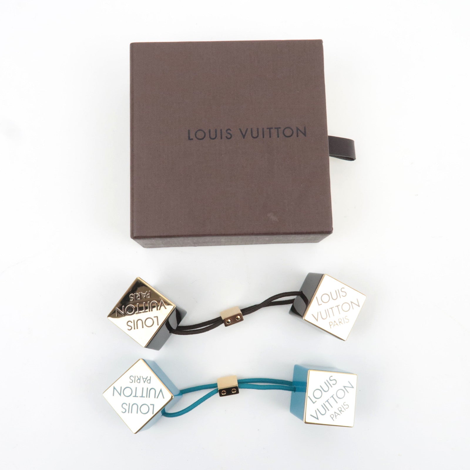Louis Vuitton Set of 2 Hair Cube Hair Ties Plastic Blue Brown *Box