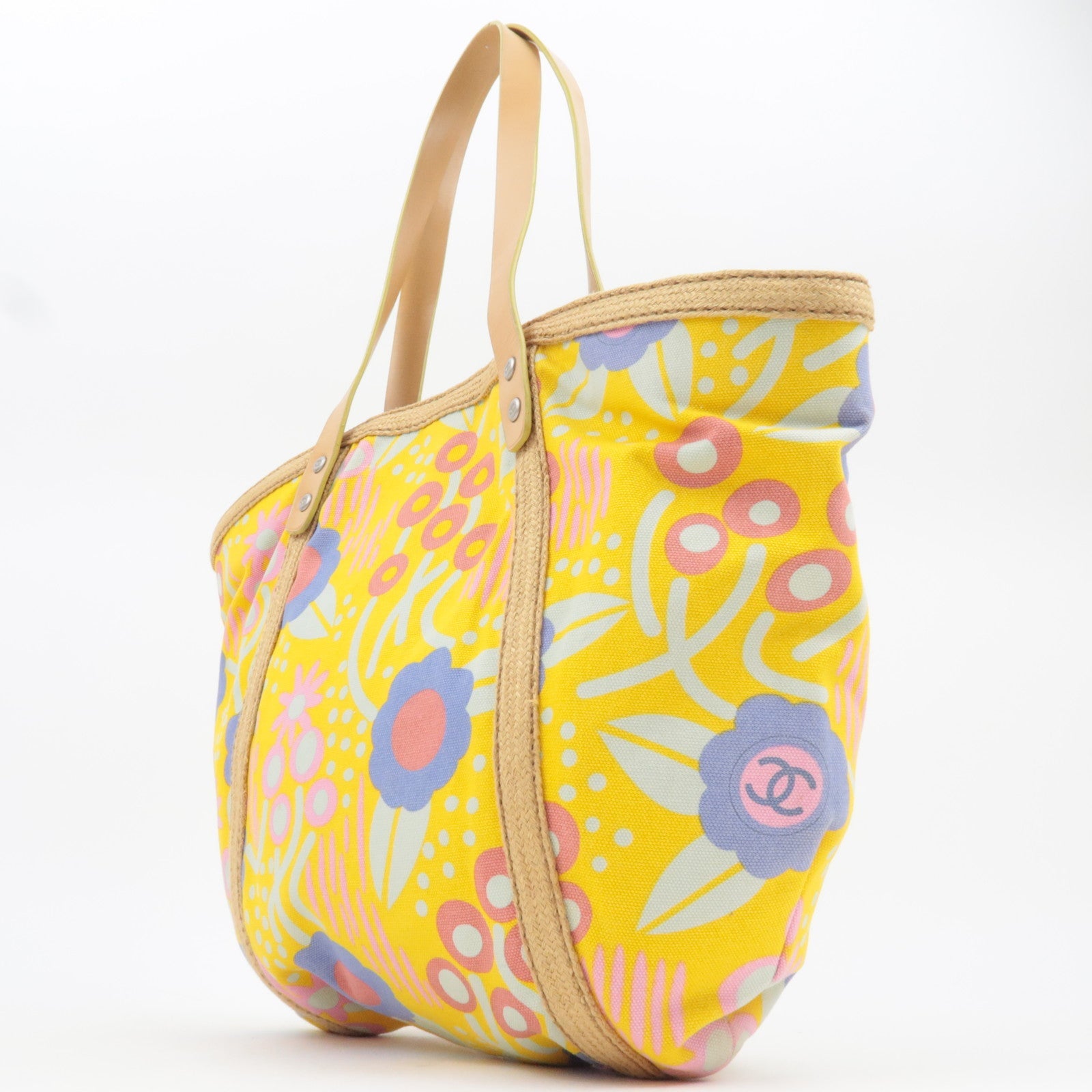 CHANEL High Summer Flower Tote Bag Canvas Leather Yellow Beige 8313589