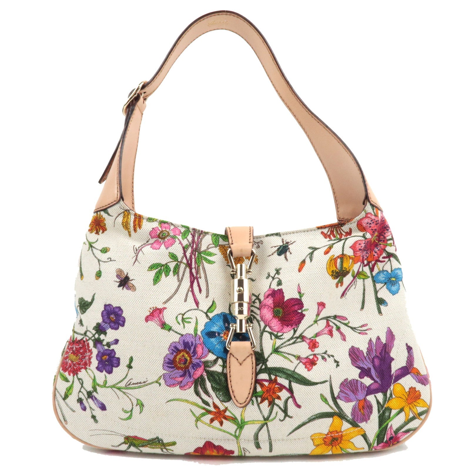 GUCCI New Jackie Flora One Shoulder Bag Canvas Leather Ivory Beige 13733579700