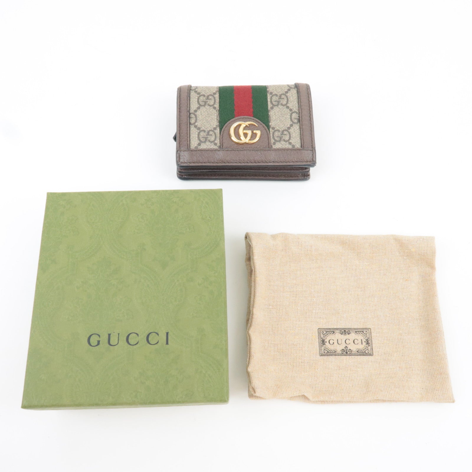 GUCCI Sherry Ophidia Bifold Wallet GG Supreme Leather Beige Brown 523155 *Box, Dust bag
