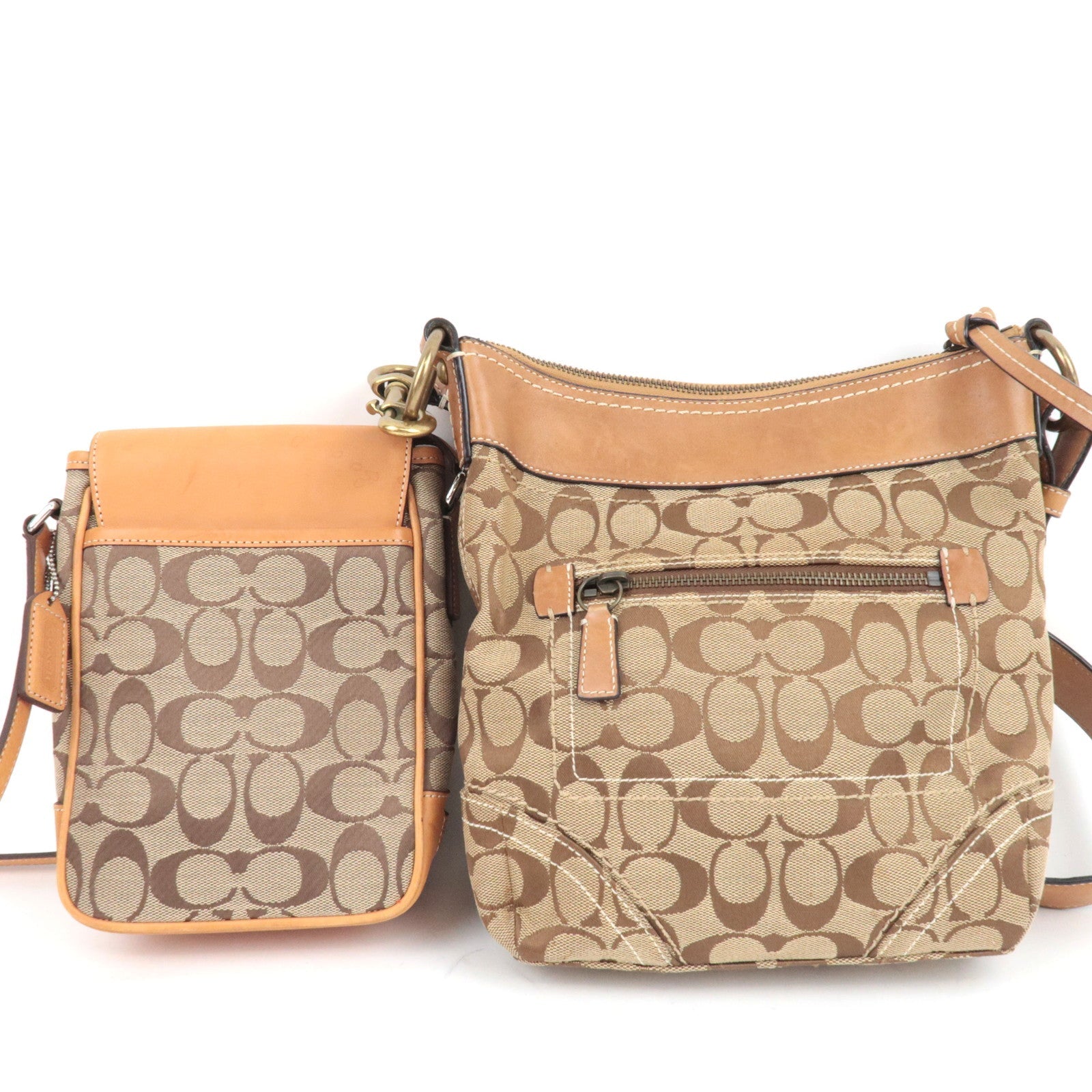 COACH Set of 2 Shoulder Bag Canvas Leather Beige Brown