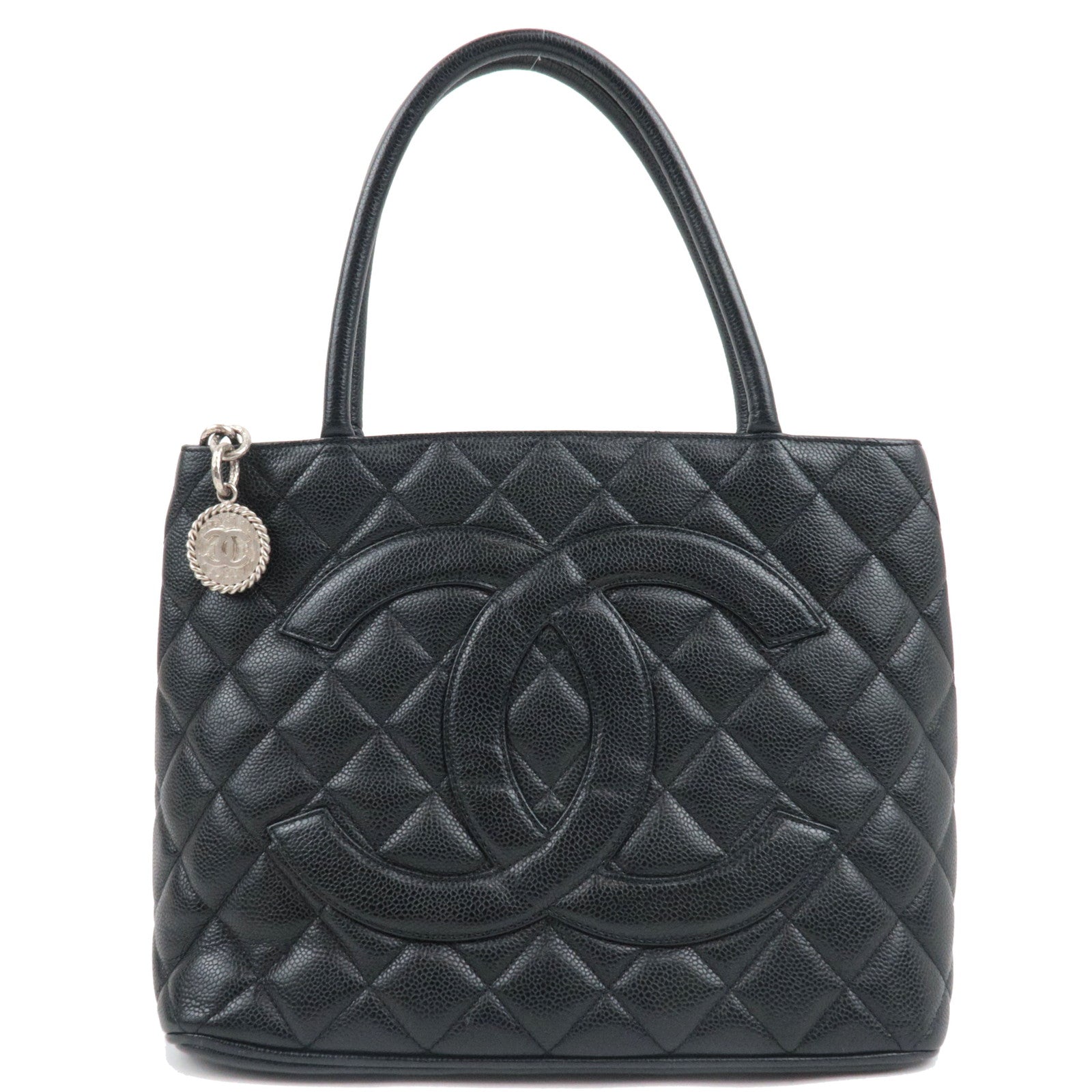 CHANEL Medallion Tote Bag Caviar Skin Black Silver HDW A01804 670479680094