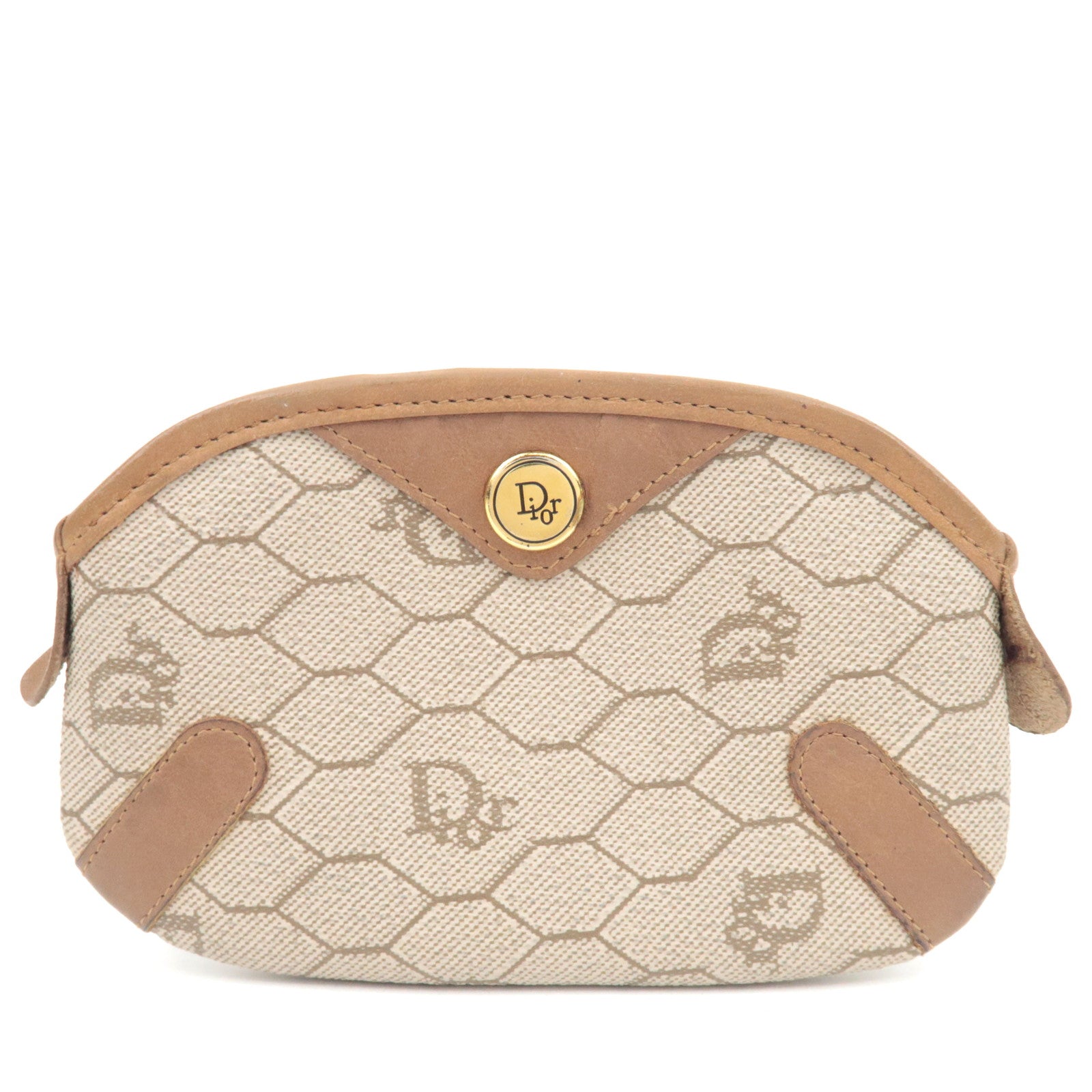 Christian Dior Honeycomb Coin Case PVC Leather Beige Brown80132