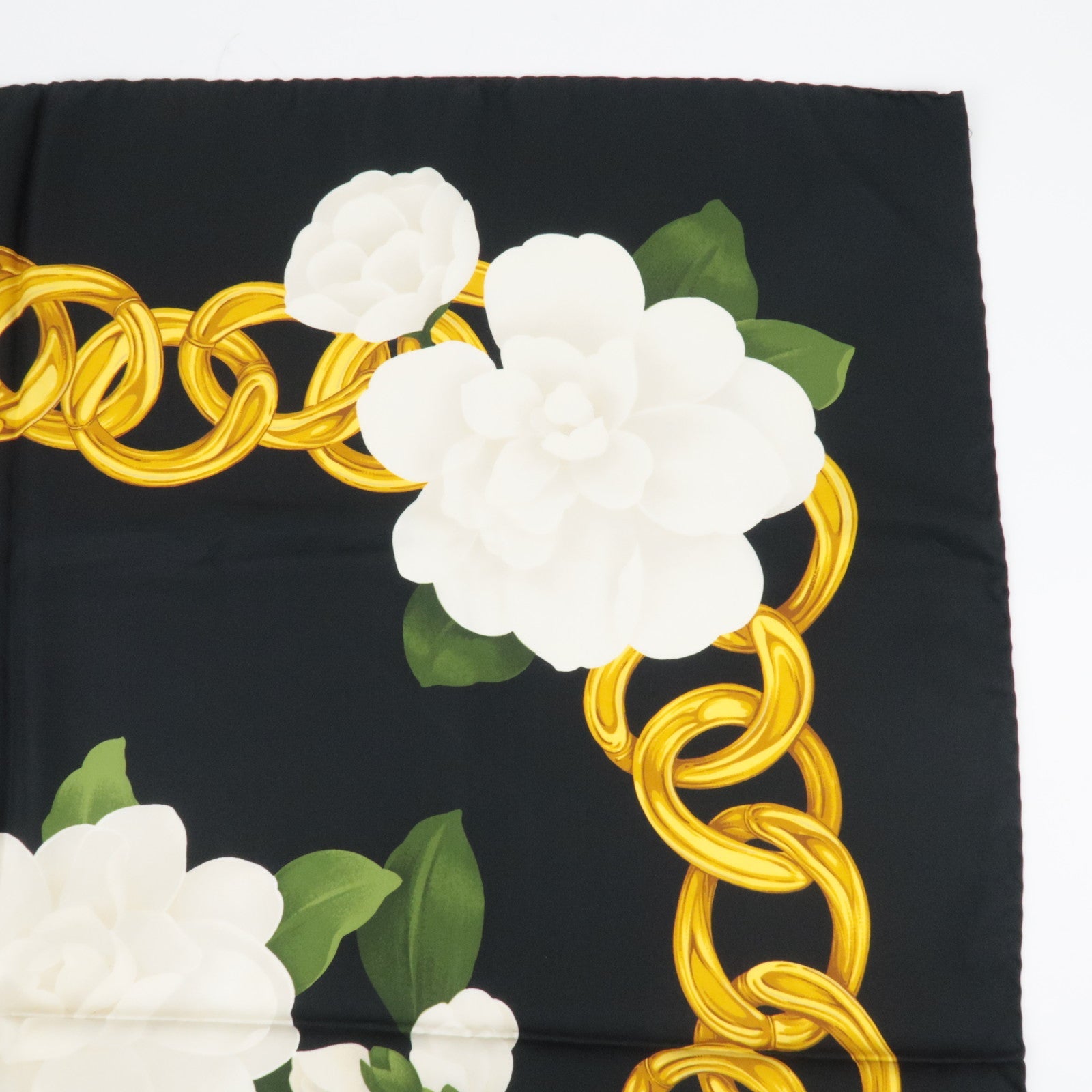 CHANEL Scarf Flower Print 100% Silk Black White