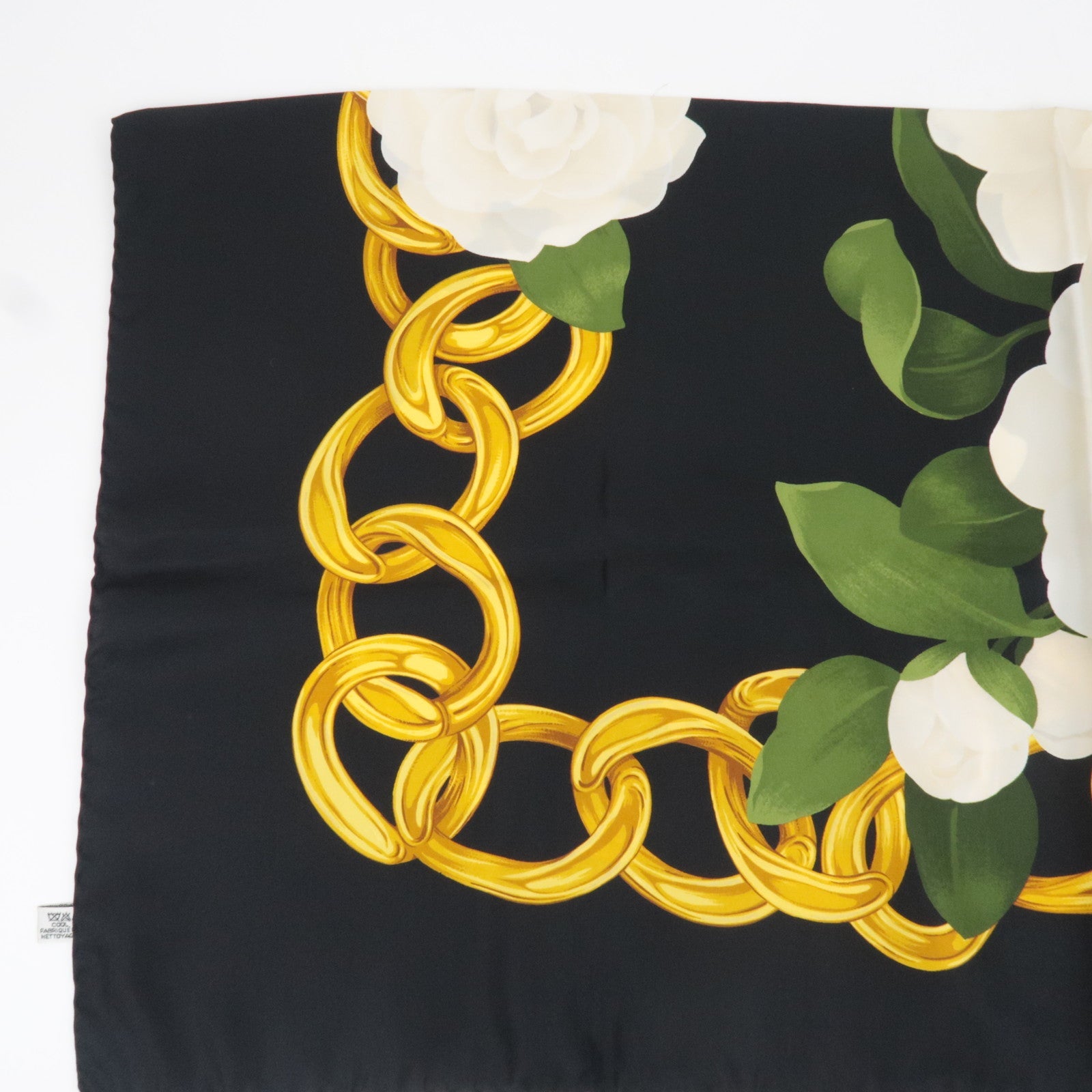 CHANEL Scarf Flower Print 100% Silk Black White