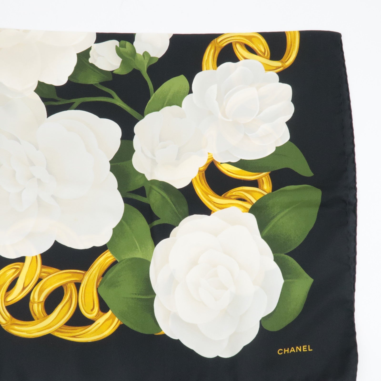 CHANEL Scarf Flower Print 100% Silk Black White