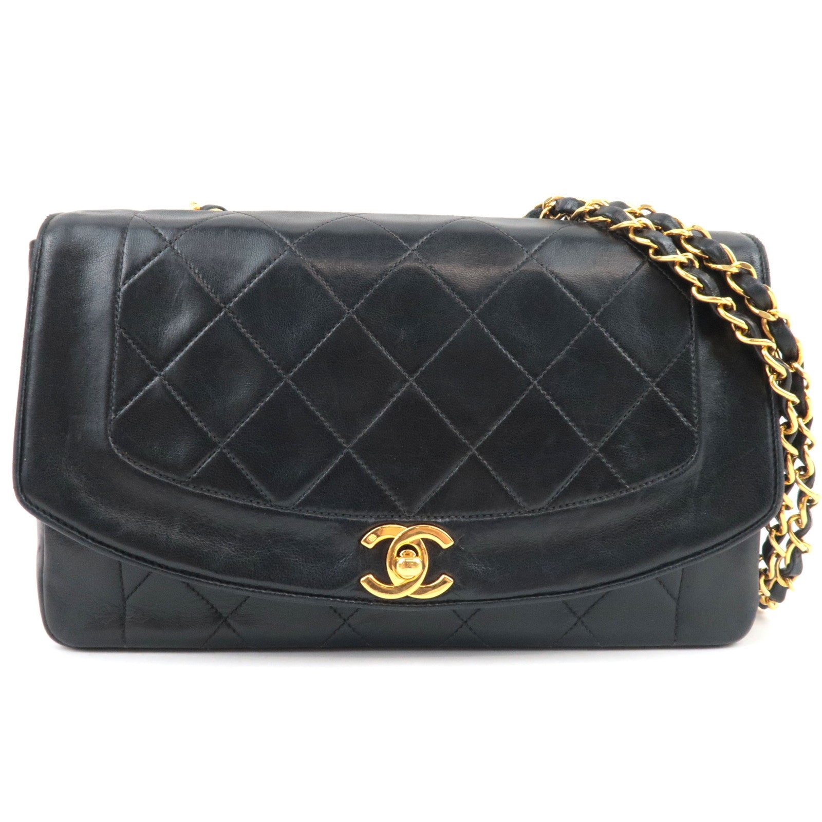 CHANEL Matelasse Diana 25 Chain Shoulder Bag Lambskin Black Gold HDW 2035730 *G card80194
