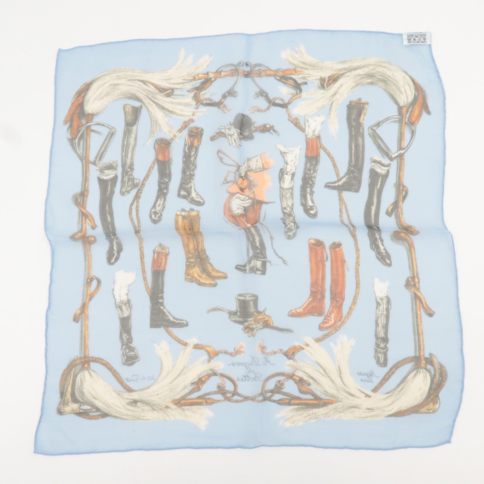 HERMES Carre 40 A Propos De Bottes Boots Print Scarf 100% Silk Blue *Box