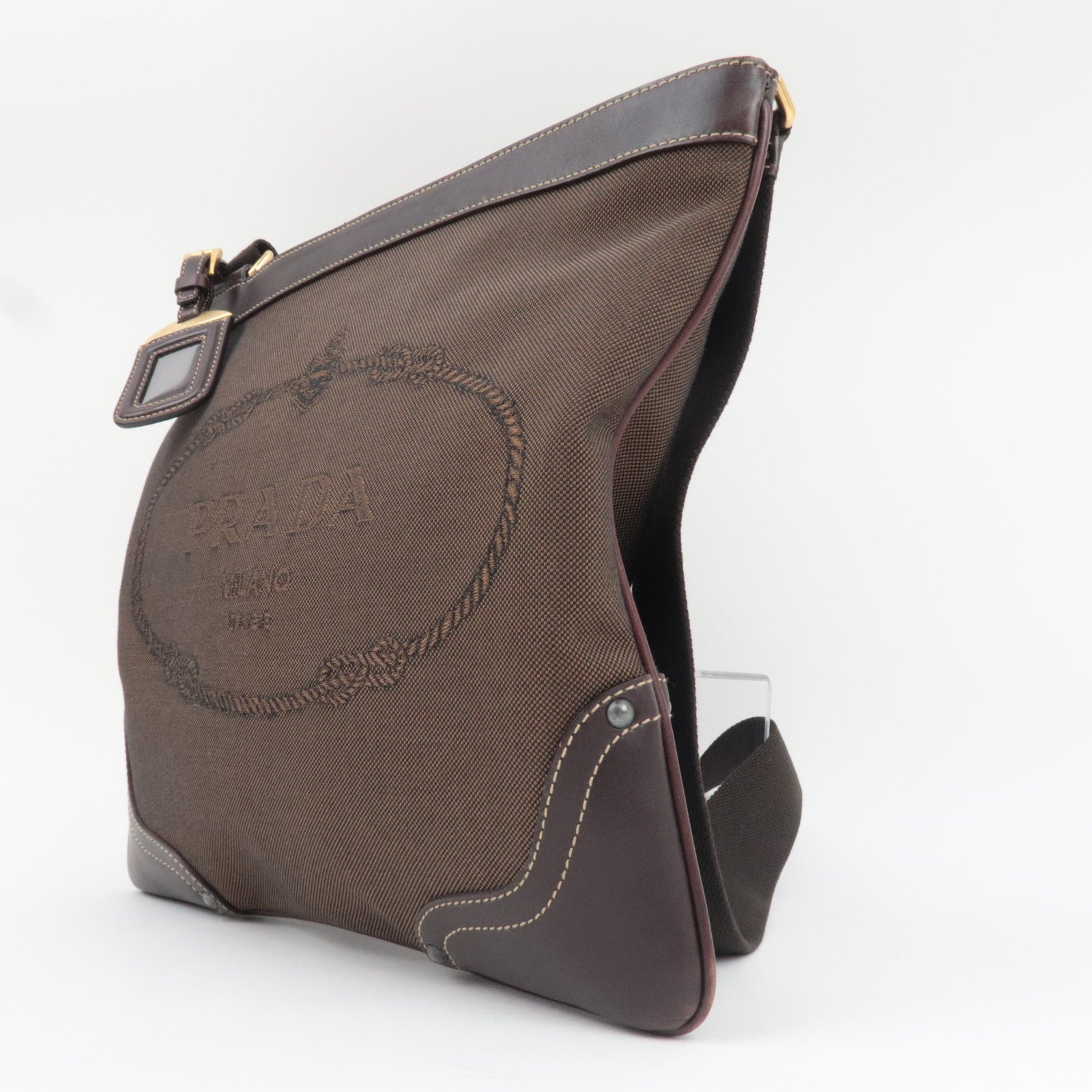 PRADA Shoulder Bag Logo Jacquard Leather Brown BT0536 *Name tag