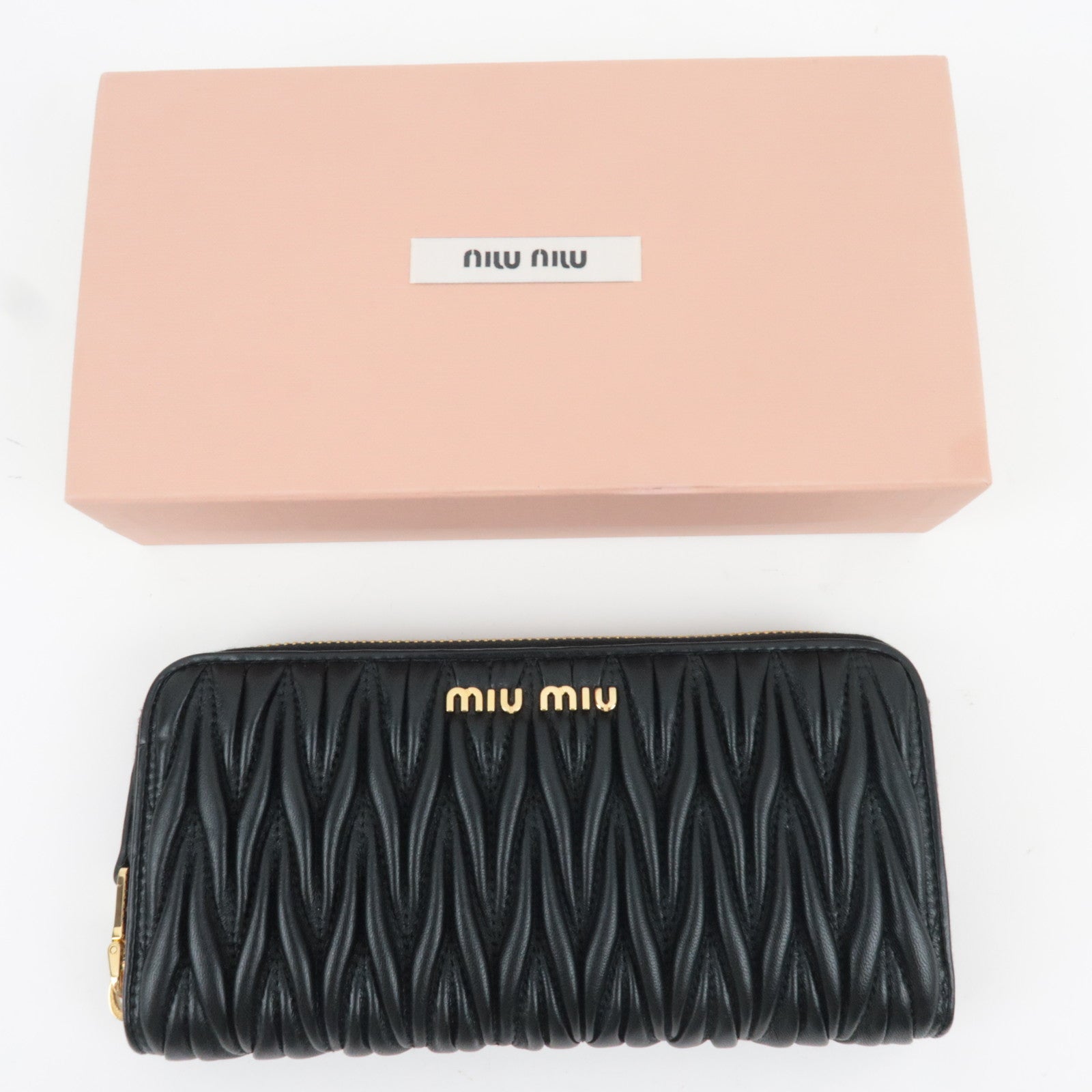 MIU MIU Matelasse Round Zipper Long Wallet Leather Black *Box