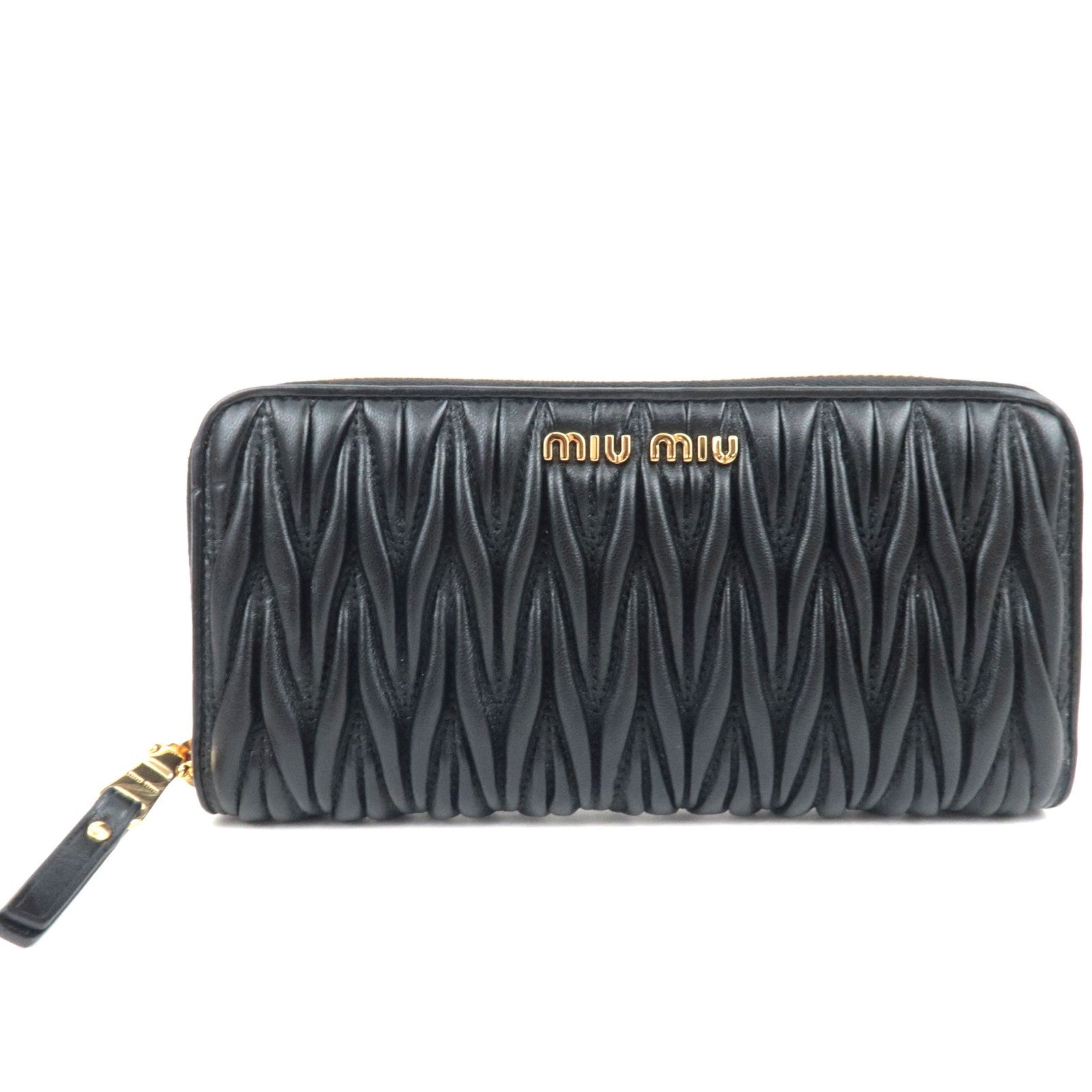 MIU MIU Matelasse Round Zipper Long Wallet Leather Black *Box80302