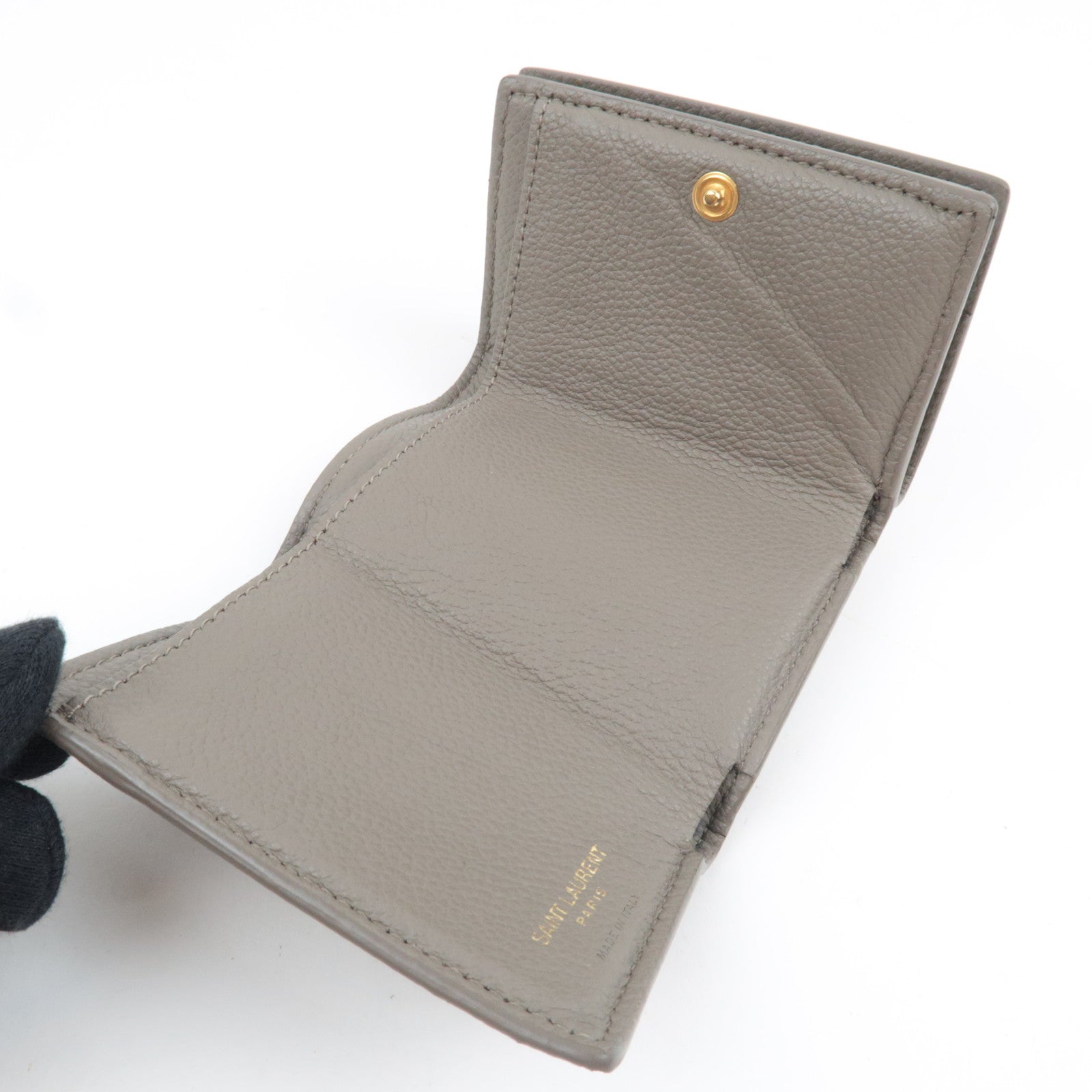Saint Laurent YSL Origami Tiny Wallet Tri-Fold Wallet Leather Gray Gold HDW 620287 *Box