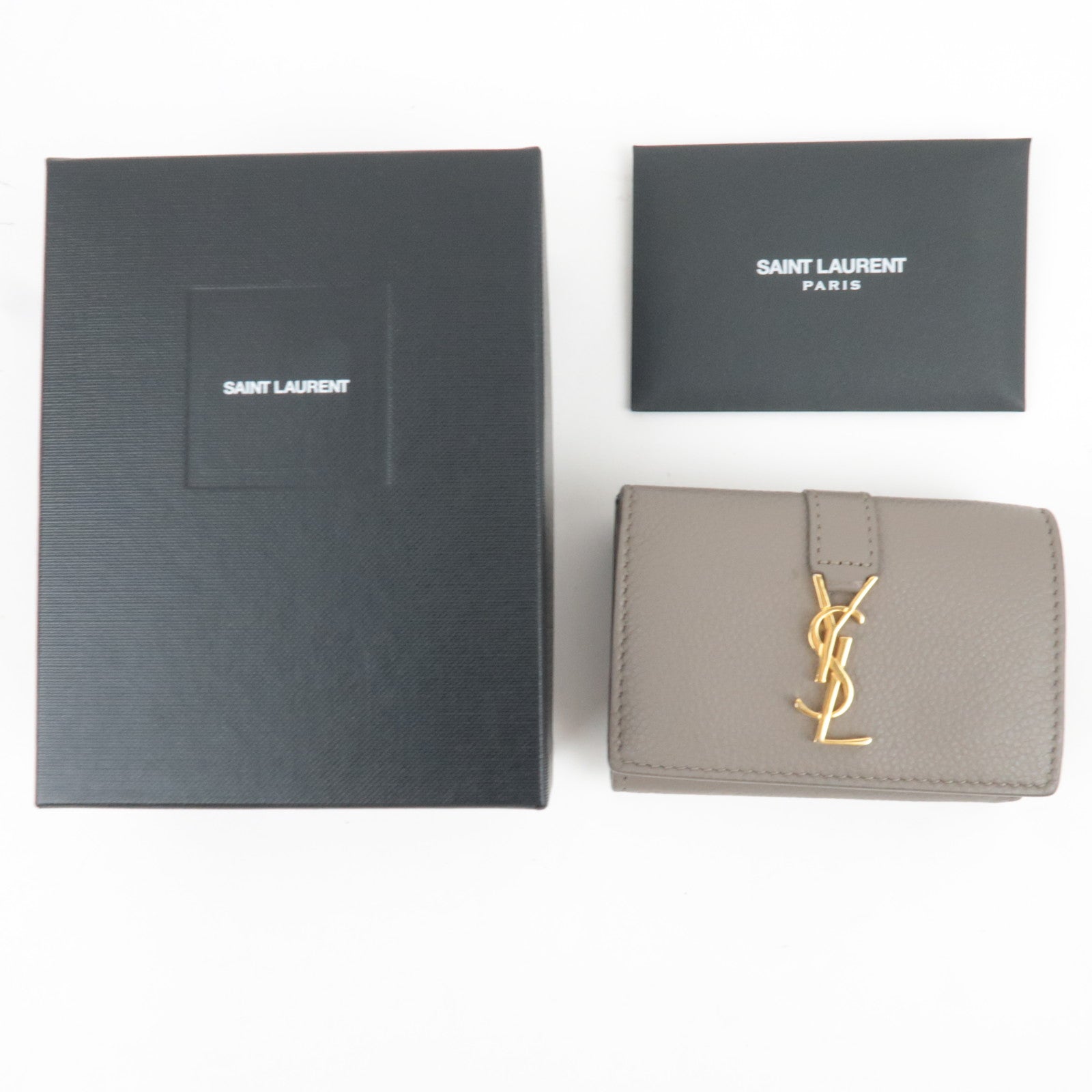 Saint Laurent YSL Origami Tiny Wallet Tri-Fold Wallet Leather Gray Gold HDW 620287 *Box