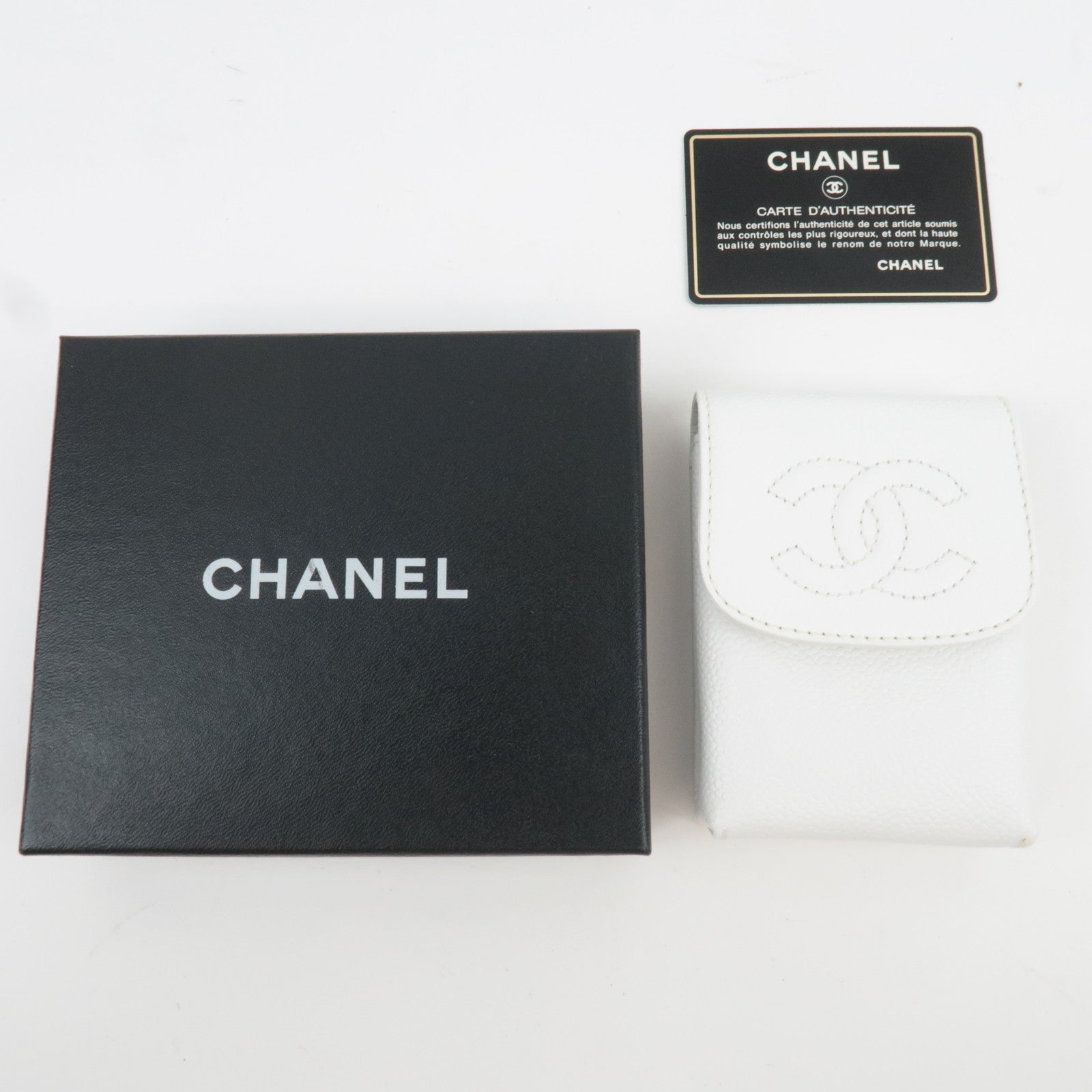 CHANEL Coco Mark Cigarette Case Mini Pouch Caviar Skin White A13511 6018324 *Box, G card