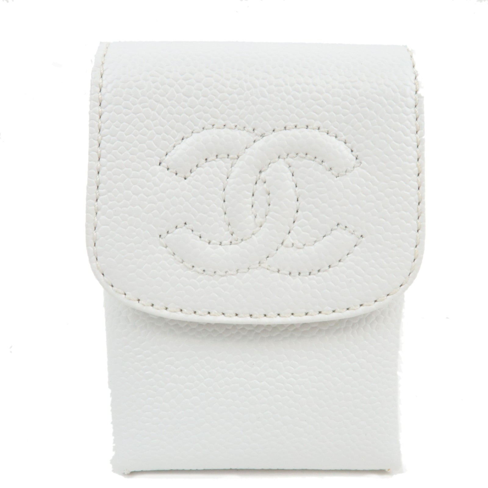 CHANEL Coco Mark Cigarette Case Mini Pouch Caviar Skin White A13511 6018324 *Box, G card80309