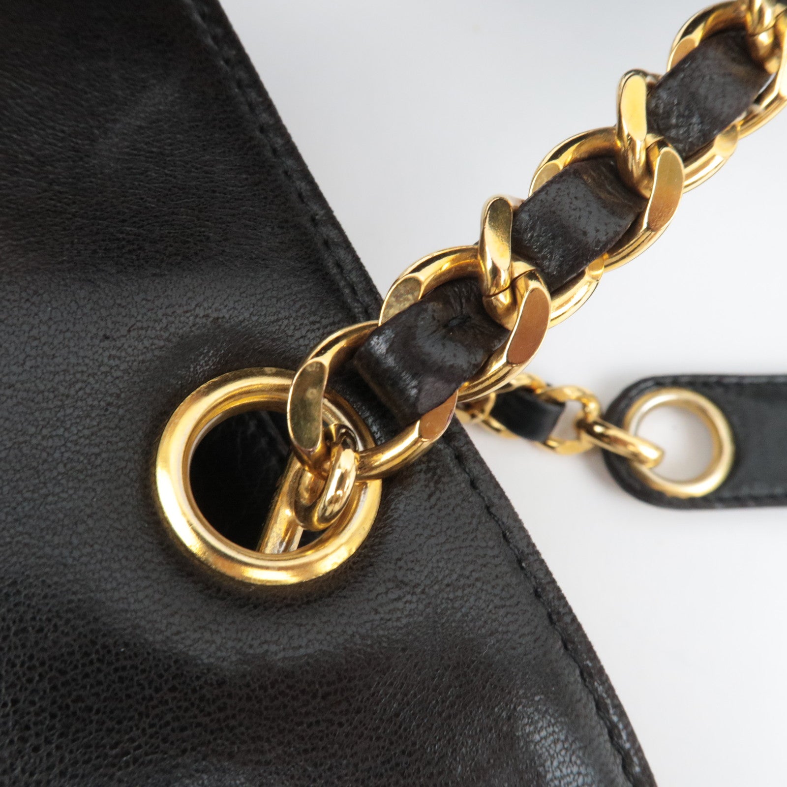 CHANEL Chain Tote Bag Lambskin Black Gold HDW 304460 *G card