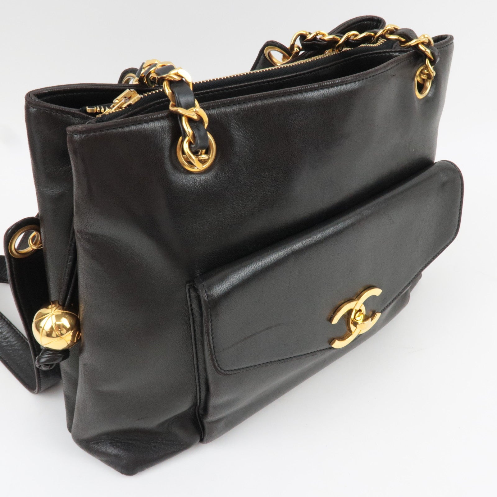 CHANEL Chain Tote Bag Lambskin Black Gold HDW 304460 *G card