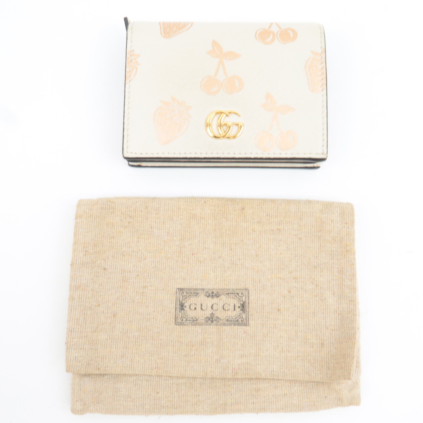 GUCCI GG Marmont Bifold Wallet Cherry & Strawberry Leather Ivory 456126 *Dust bag