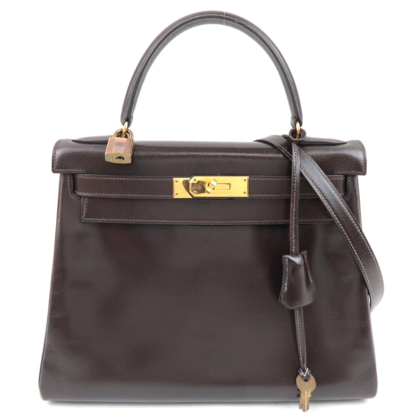 HERMES Kelly 28 Handbag 〇M Stamp (1983) Box Calf Brown Gold HDW *Dust bag, Strap, Key Lock, Clochette80628