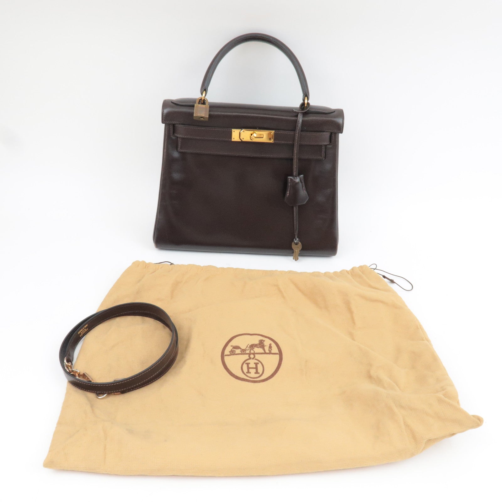 HERMES Kelly 28 Handbag 〇M Stamp (1983) Box Calf Brown Gold HDW *Dust bag, Strap, Key Lock, Clochette