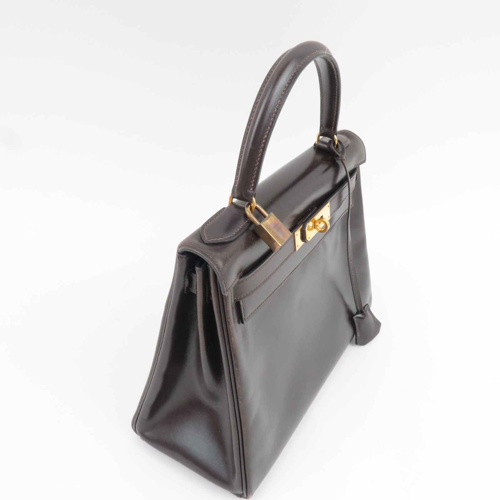 HERMES Kelly 28 Handbag 〇M Stamp (1983) Box Calf Brown Gold HDW *Dust bag, Strap, Key Lock, Clochette