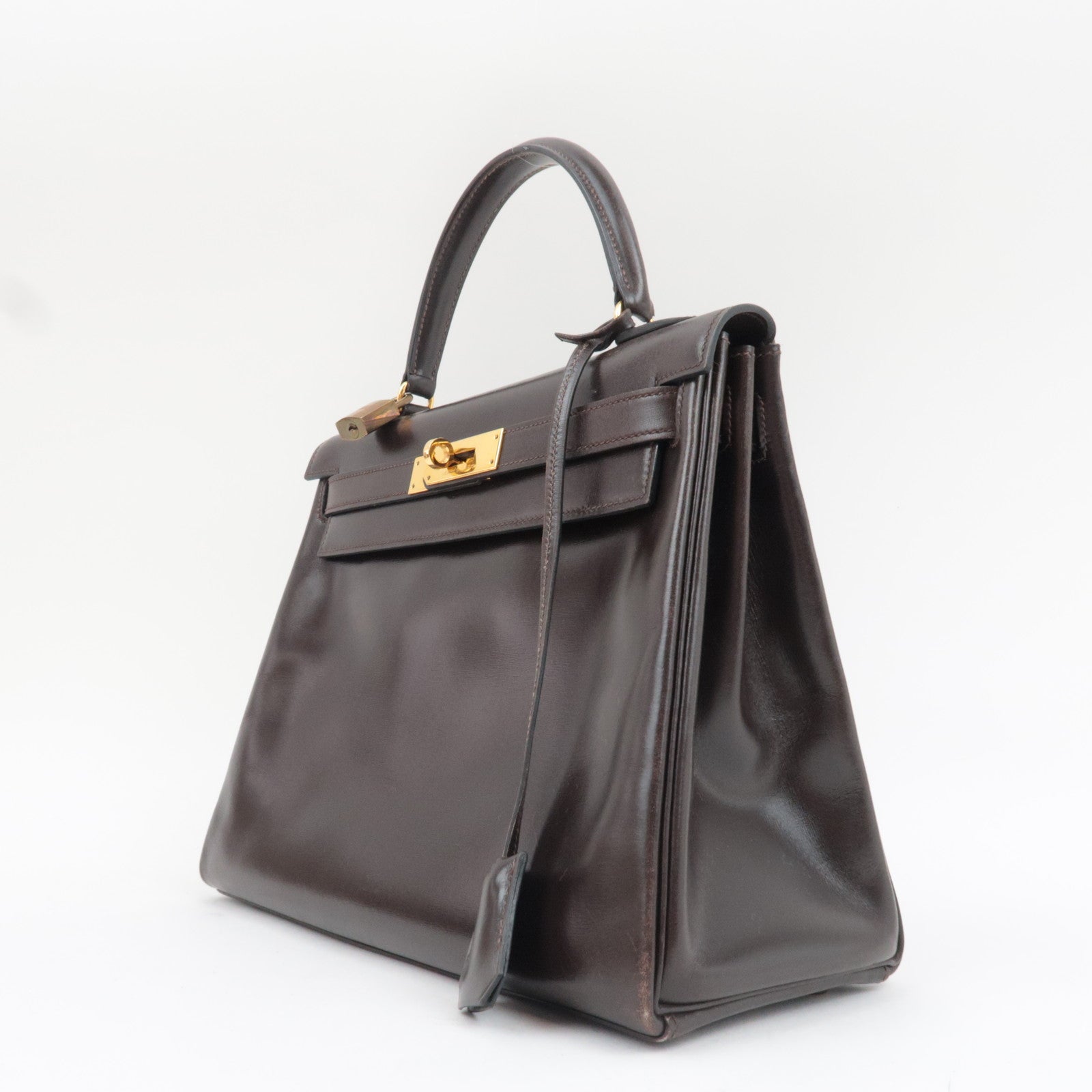 HERMES Kelly 28 Handbag 〇M Stamp (1983) Box Calf Brown Gold HDW *Dust bag, Strap, Key Lock, Clochette