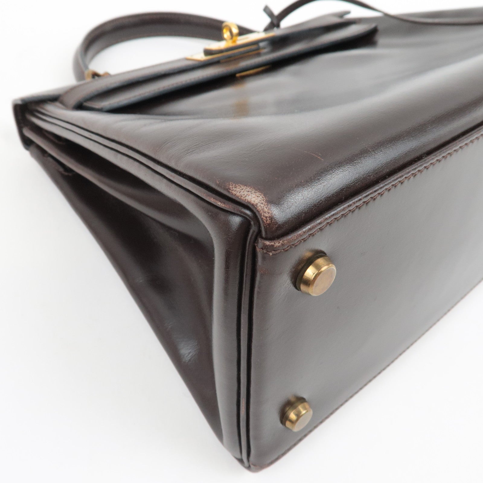 HERMES Kelly 28 Handbag 〇M Stamp (1983) Box Calf Brown Gold HDW *Dust bag, Strap, Key Lock, Clochette