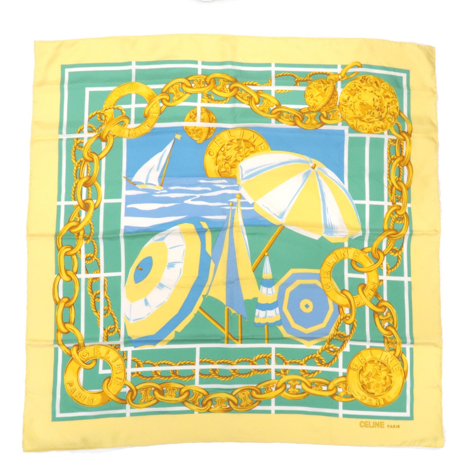 CELINE Scarf Beach Print 100% Silk Yellow80671