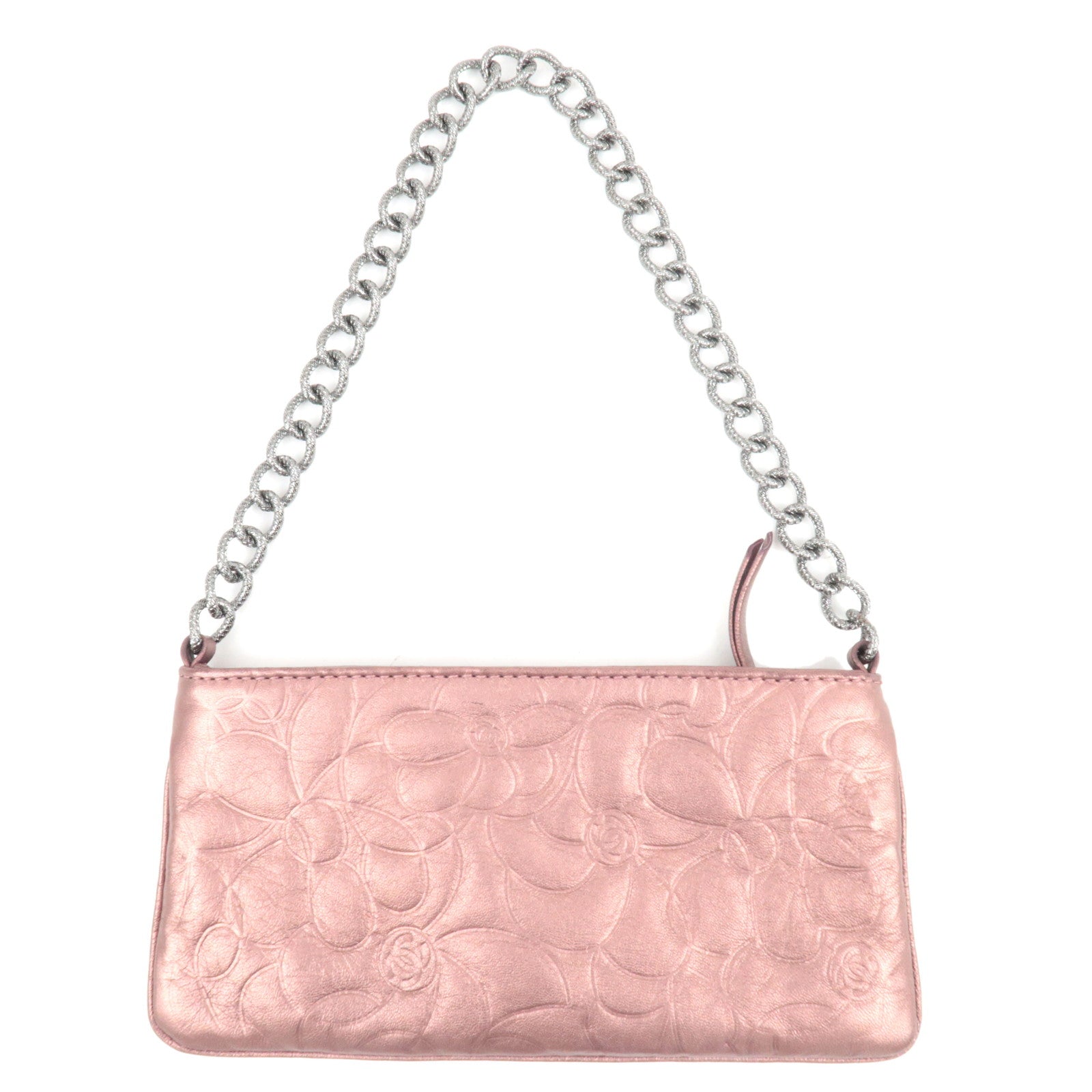 CHANEL Camellia Chain Shoulder Small Pouch Leather Metallic Pink 8609947 *G card