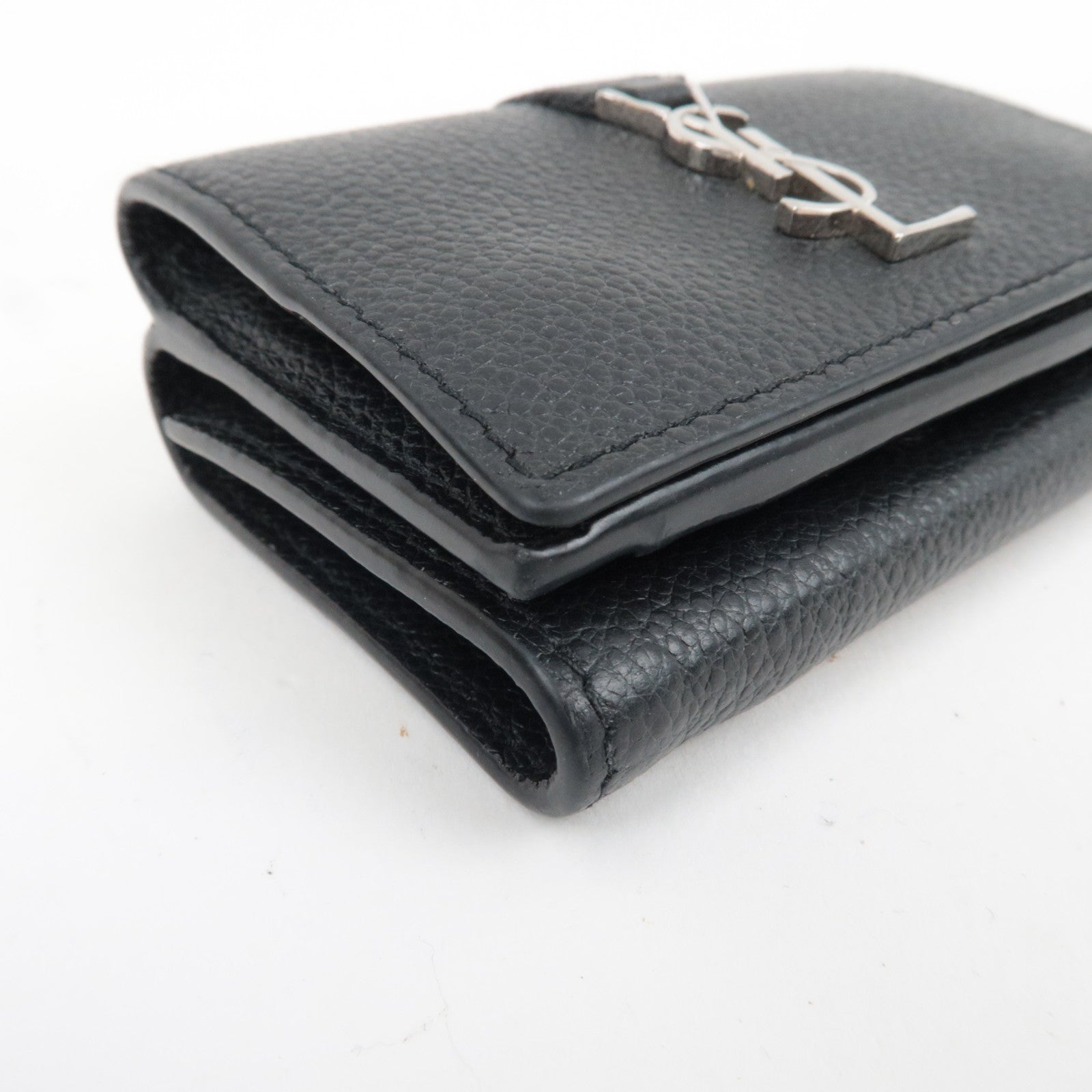 SAINT LAURENT YSL Origami Tiny Tri-Fold Wallet Leather Black Silver HDW 669959