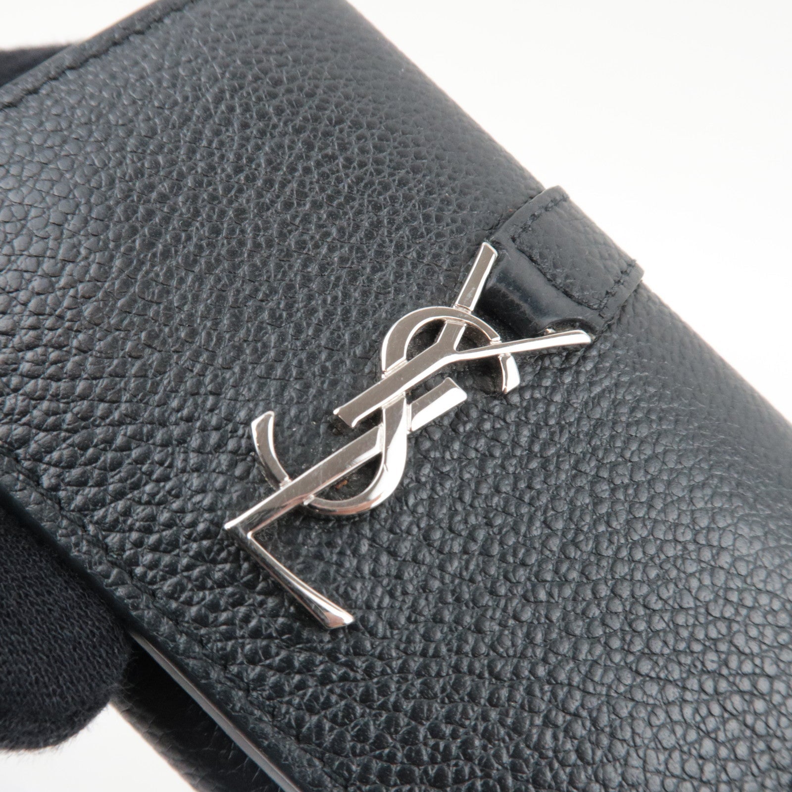 SAINT LAURENT YSL Origami Tiny Tri-Fold Wallet Leather Black Silver HDW 669959