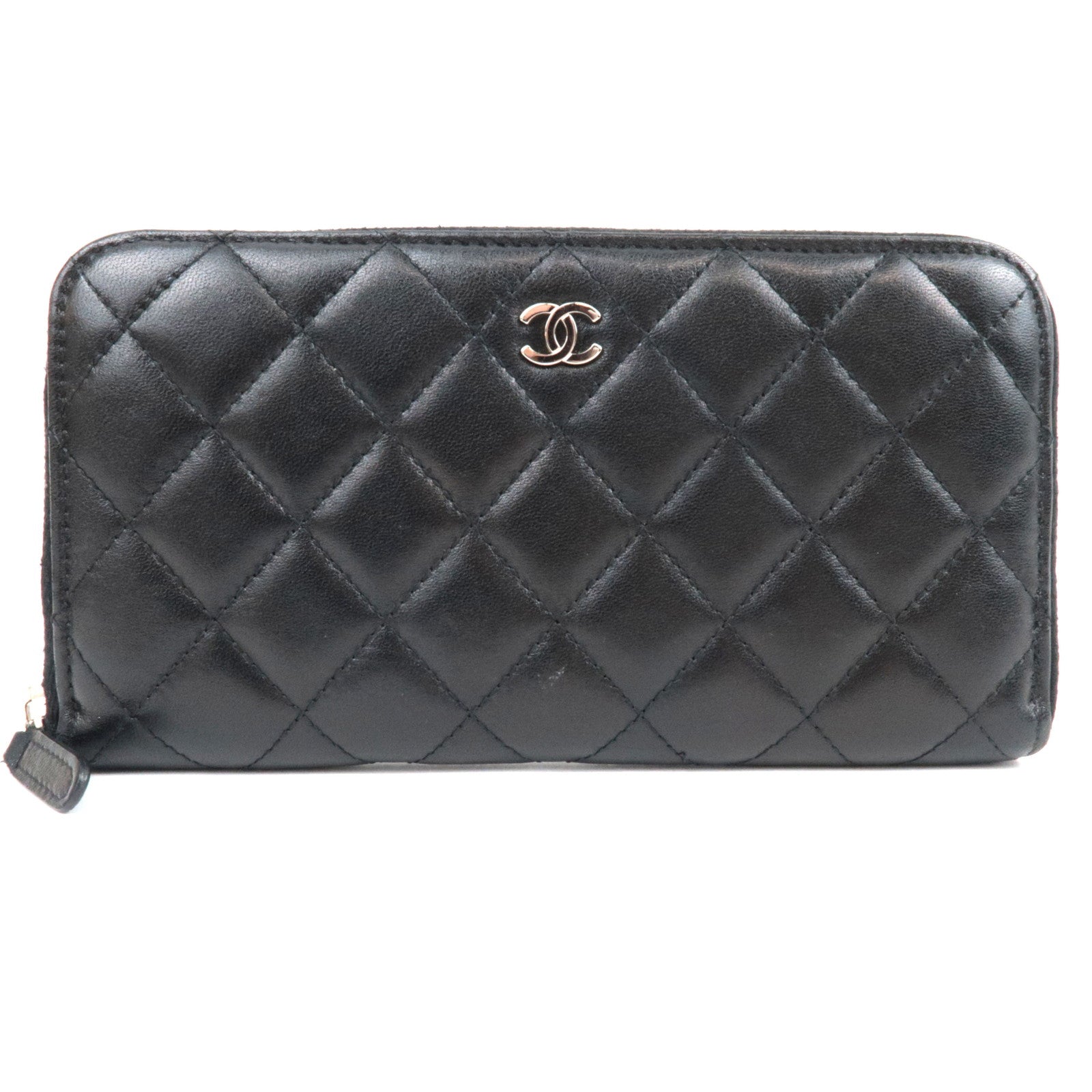 CHANEL Matelasse Round Zipper Long Wallet Lambskin Black Silver HDW 15790056 *G card80713