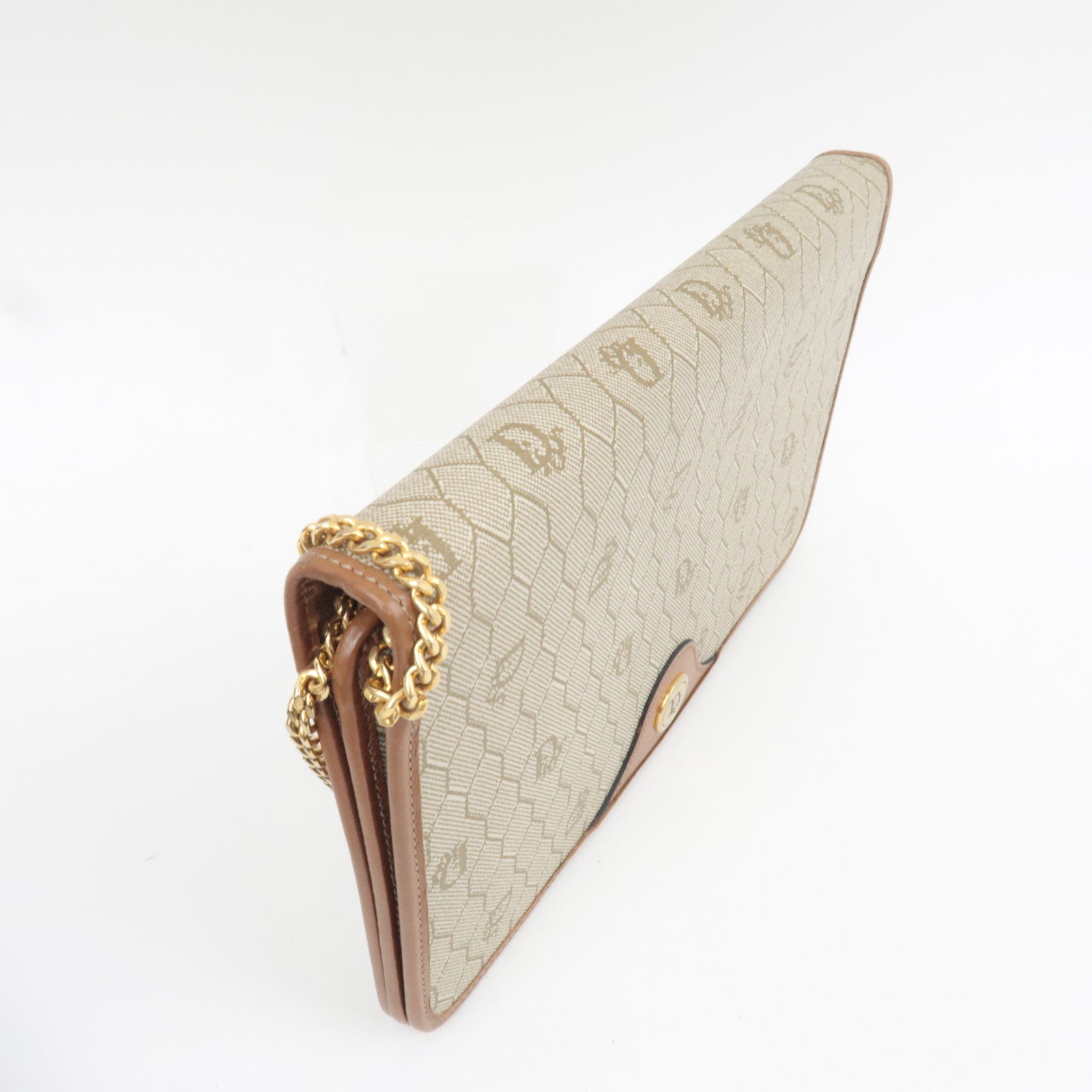 Christian Dior Honeycomb Chain Shoulder Bag PVC Leather Beige Brown