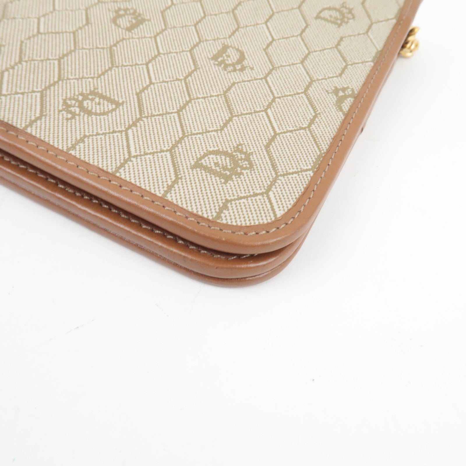 Christian Dior Honeycomb Chain Shoulder Bag PVC Leather Beige Brown