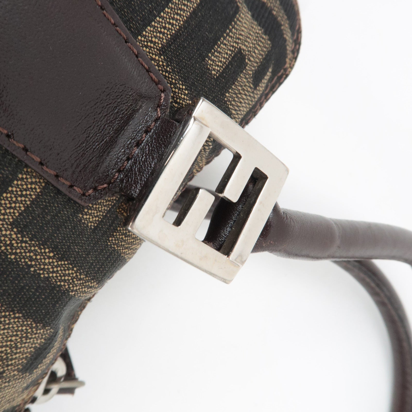 FENDI Zucca Handbag Canvas Leather Khaki Black Brown