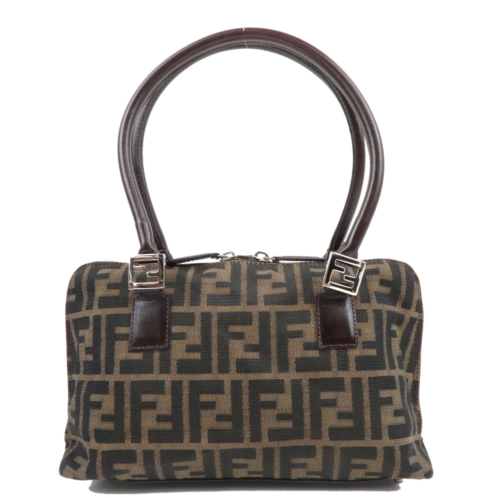FENDI Zucca Handbag Canvas Leather Khaki Black Brown80753
