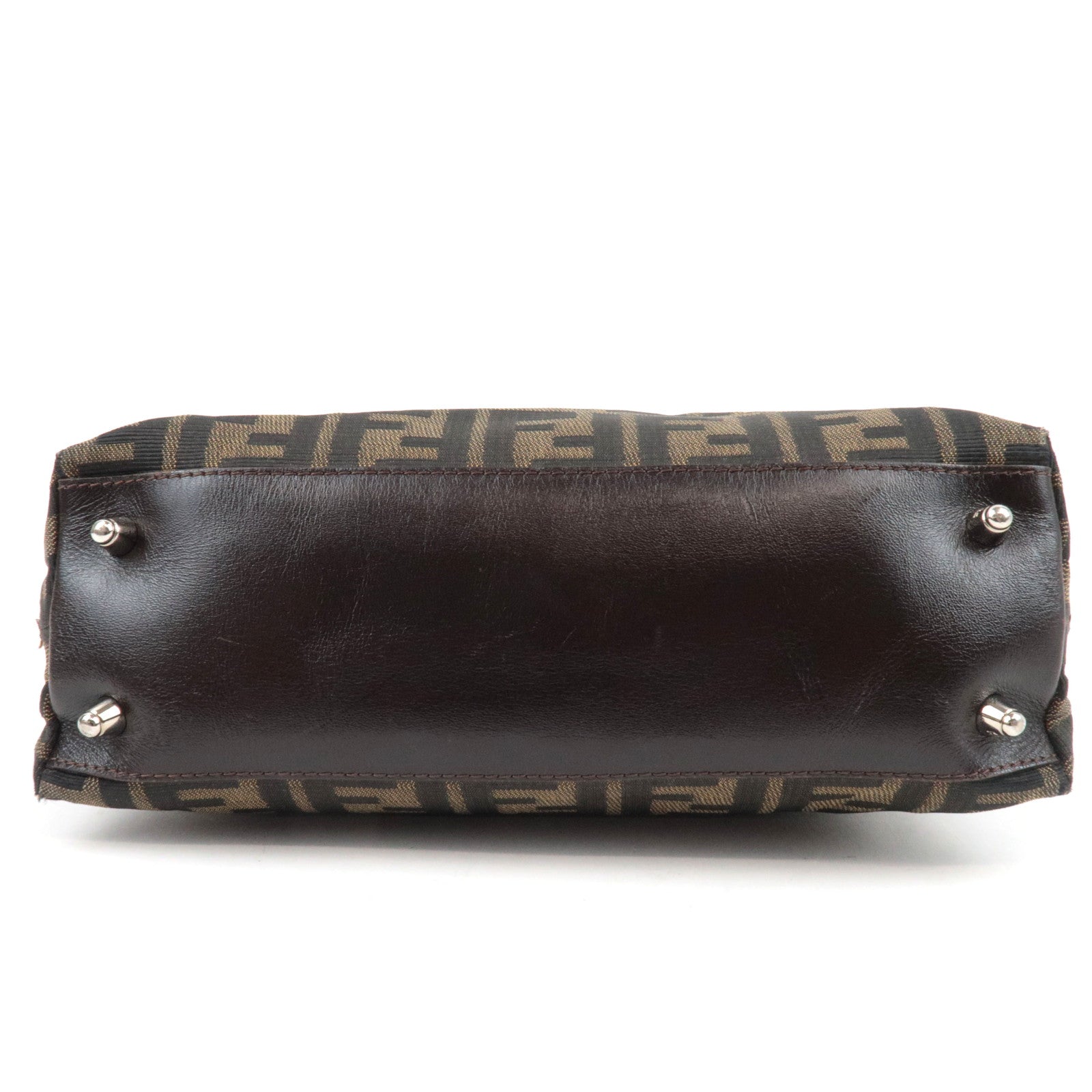 FENDI Zucca Handbag Canvas Leather Khaki Black Brown